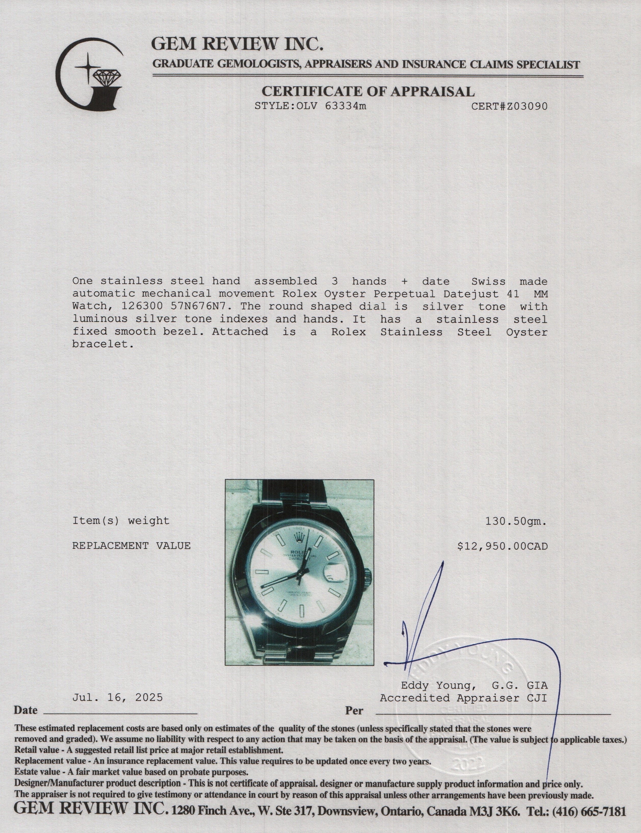 Rolex Stainless Steel Oyster Perpetual Datejust 41 MM Watch Silver Dial 126300 w/ Box & Papers