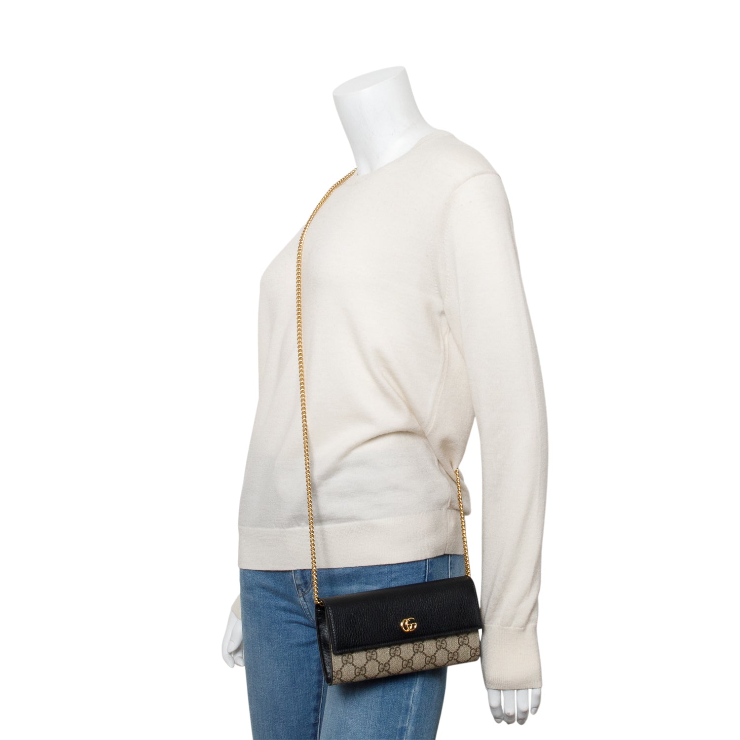 Gucci Black Calfskin Leather GG Supreme Marmont Bi-Color Wallet On Chain w/ Box