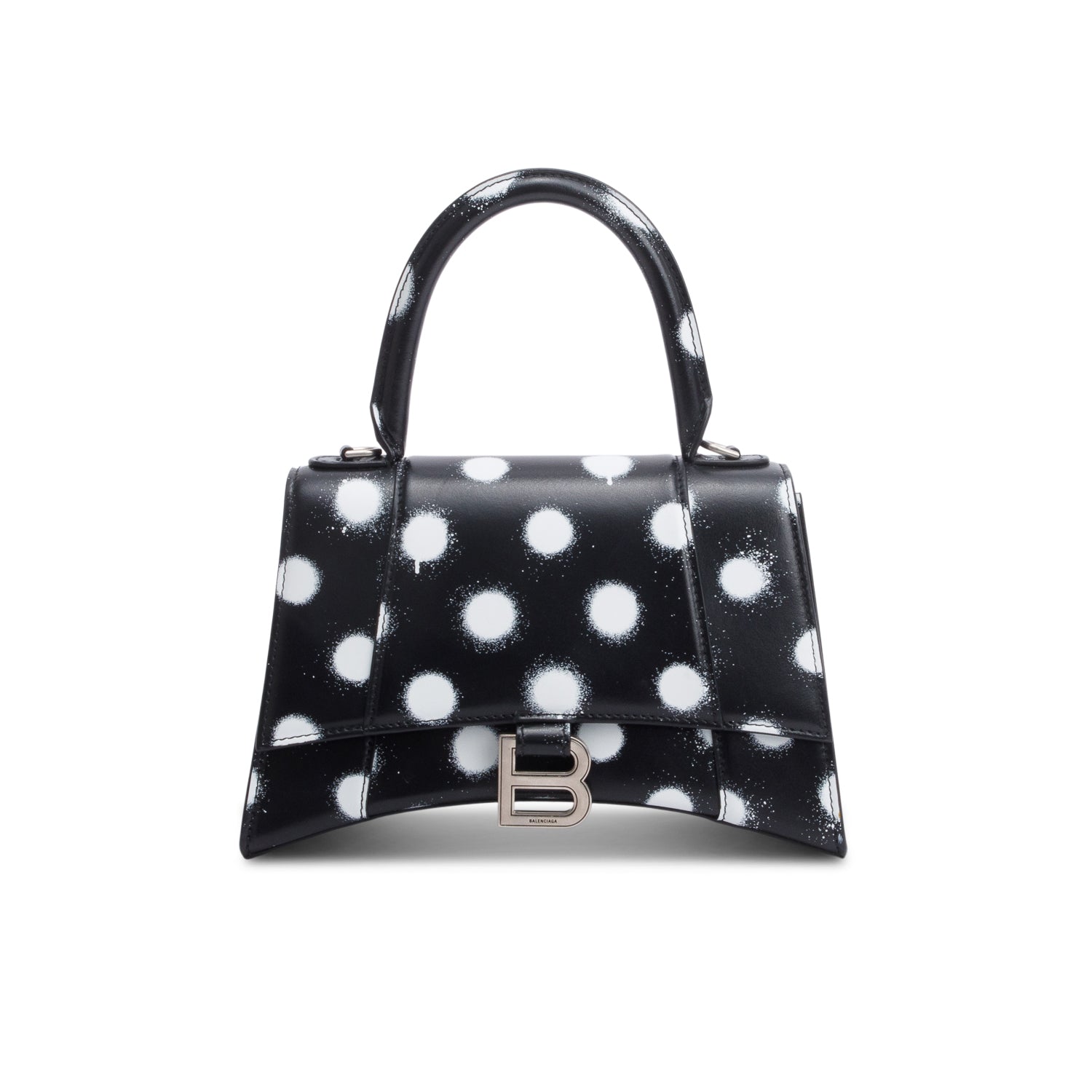 Balenciaga Black Smooth Leather Spray Polka Dot Small Hourglass Top Handle Bag w/ Strap