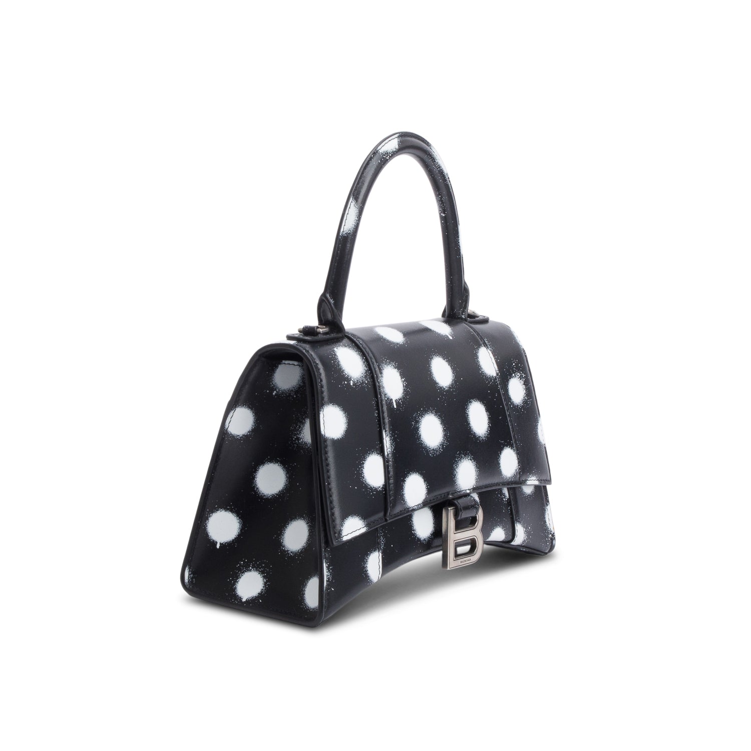 Balenciaga Black Smooth Leather Spray Polka Dot Small Hourglass Top Handle Bag w/ Strap