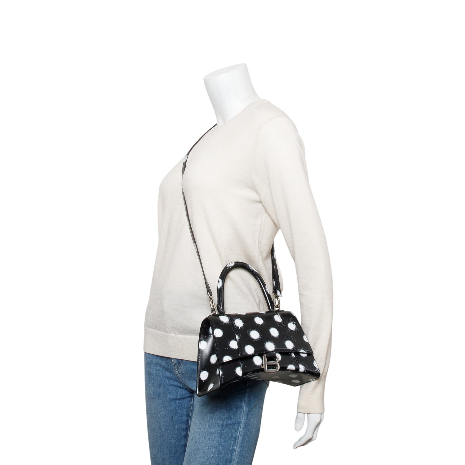 Balenciaga Black Smooth Leather Spray Polka Dot Small Hourglass Top Handle Bag w/ Strap