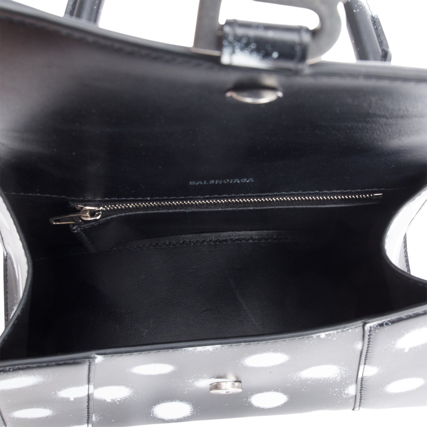 Balenciaga Black Smooth Leather Spray Polka Dot Small Hourglass Top Handle Bag w/ Strap