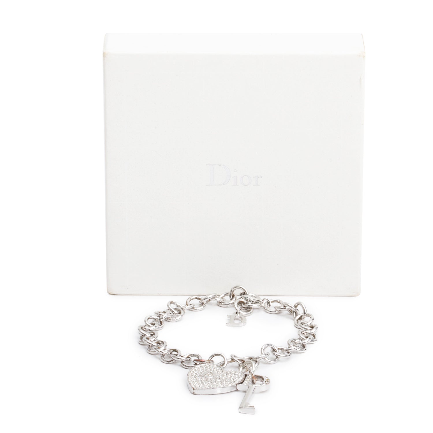Christian Dior Palladium Plated Crystal Heart Lock Charm Bracelet w/ Box