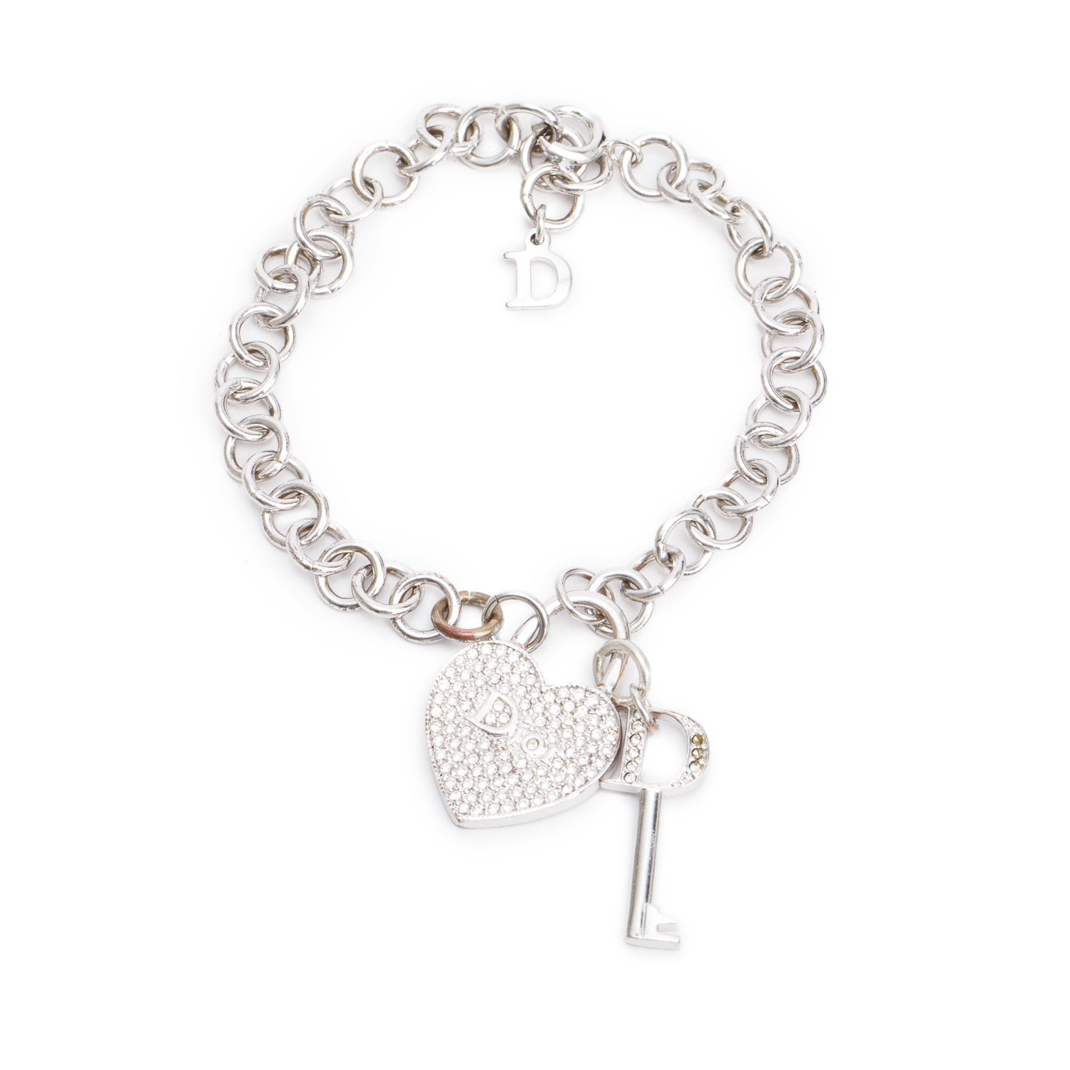 Christian Dior Palladium Plated Crystal Heart Lock Charm Bracelet w/ Box
