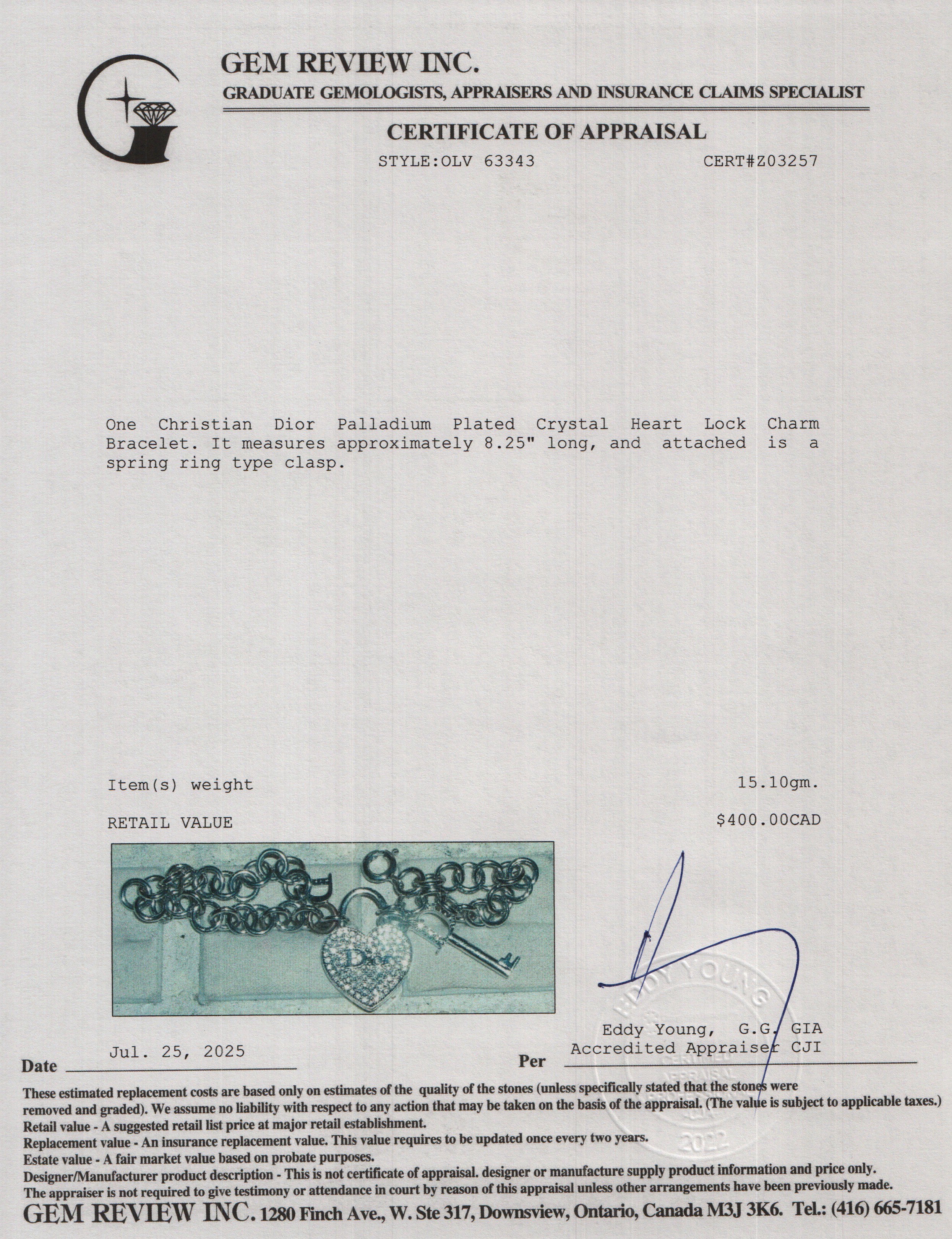 Christian Dior Palladium Plated Crystal Heart Lock Charm Bracelet w/ Box