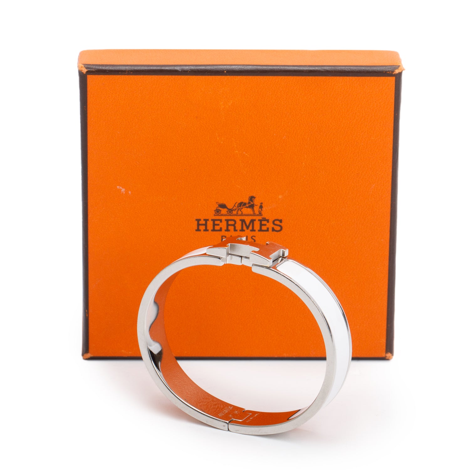 Hermes Palladium Plated White Enamel 12 MM Clic H Bracelet w/ Box & Gift Receipt