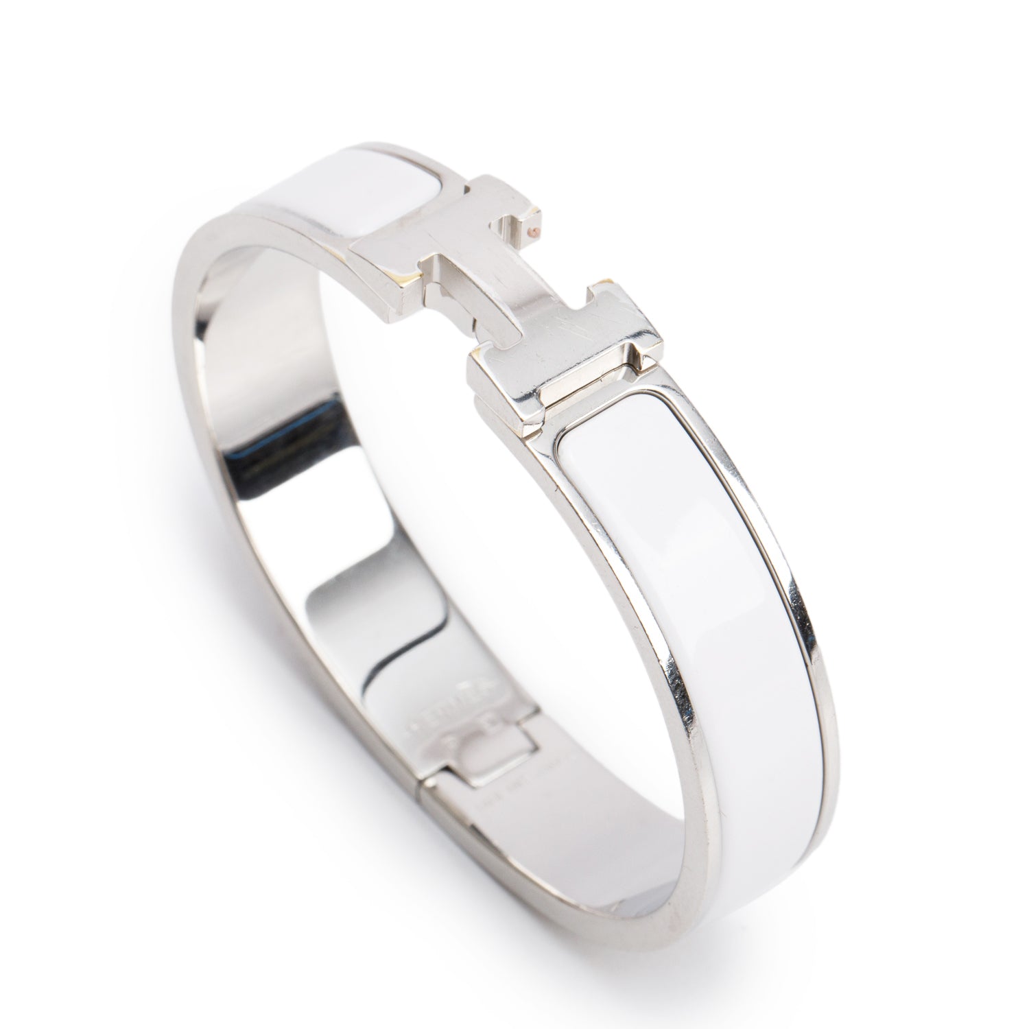 Hermes Palladium Plated White Enamel 12 MM Clic H Bracelet w/ Box & Gift Receipt