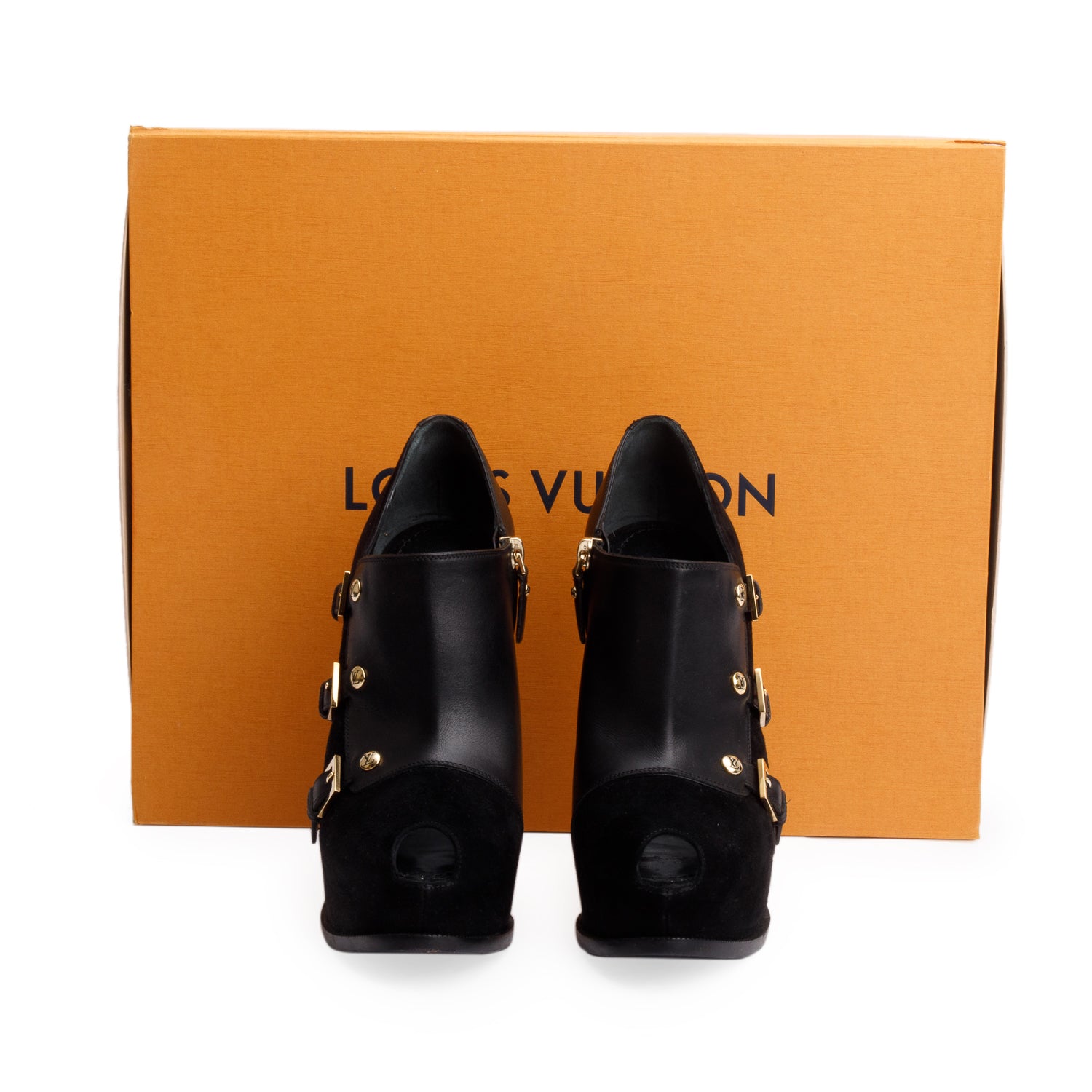 Louis Vuitton Black Leather Suede Platform Brigade Ankle Booties, Size 37.5 w/ Box & Receipt