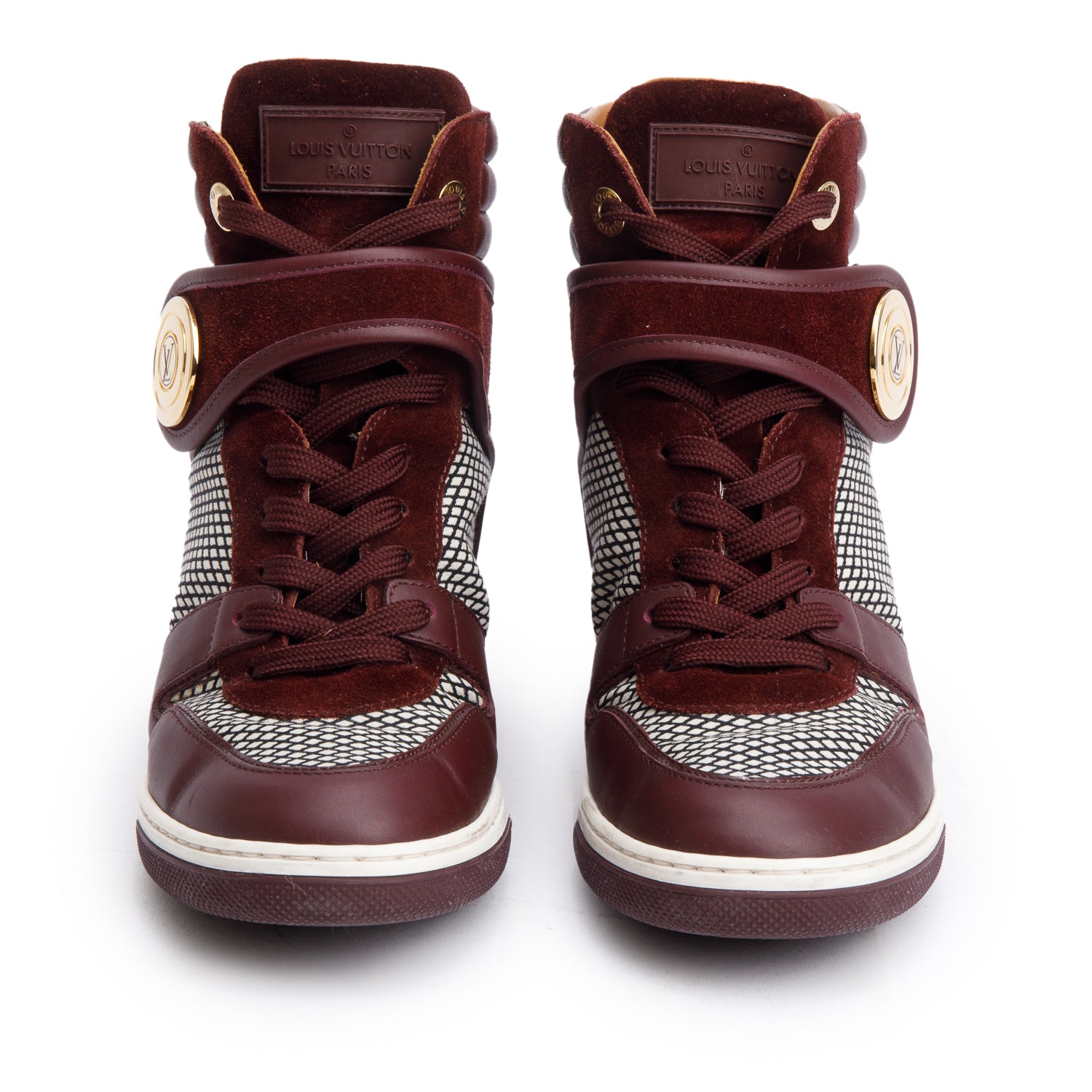 Louis Vuitton Burgundy Suede/Leather Postmark Wedge High-Top Sneakers, Size 37.5 w/ Box & Receipt