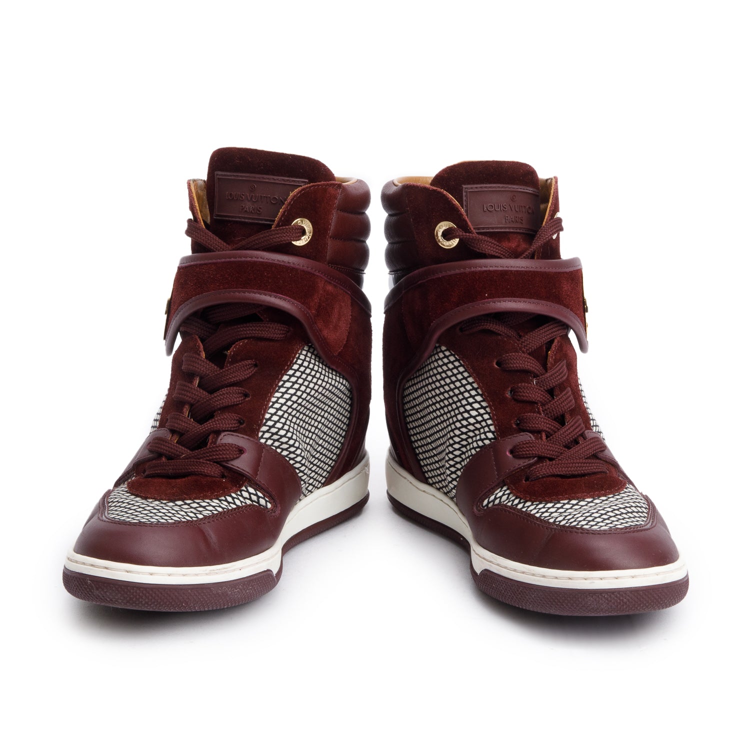 Louis Vuitton Burgundy Suede/Leather Postmark Wedge High-Top Sneakers, Size 37.5 w/ Box & Receipt