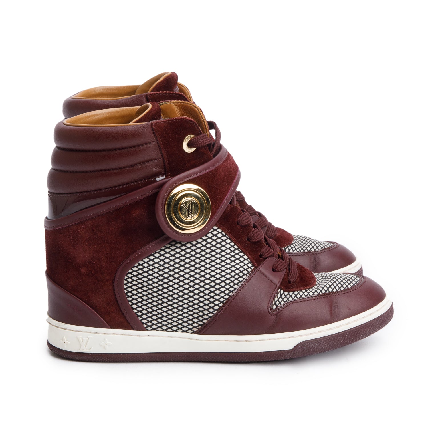 Louis Vuitton Burgundy Suede/Leather Postmark Wedge High-Top Sneakers, Size 37.5 w/ Box & Receipt