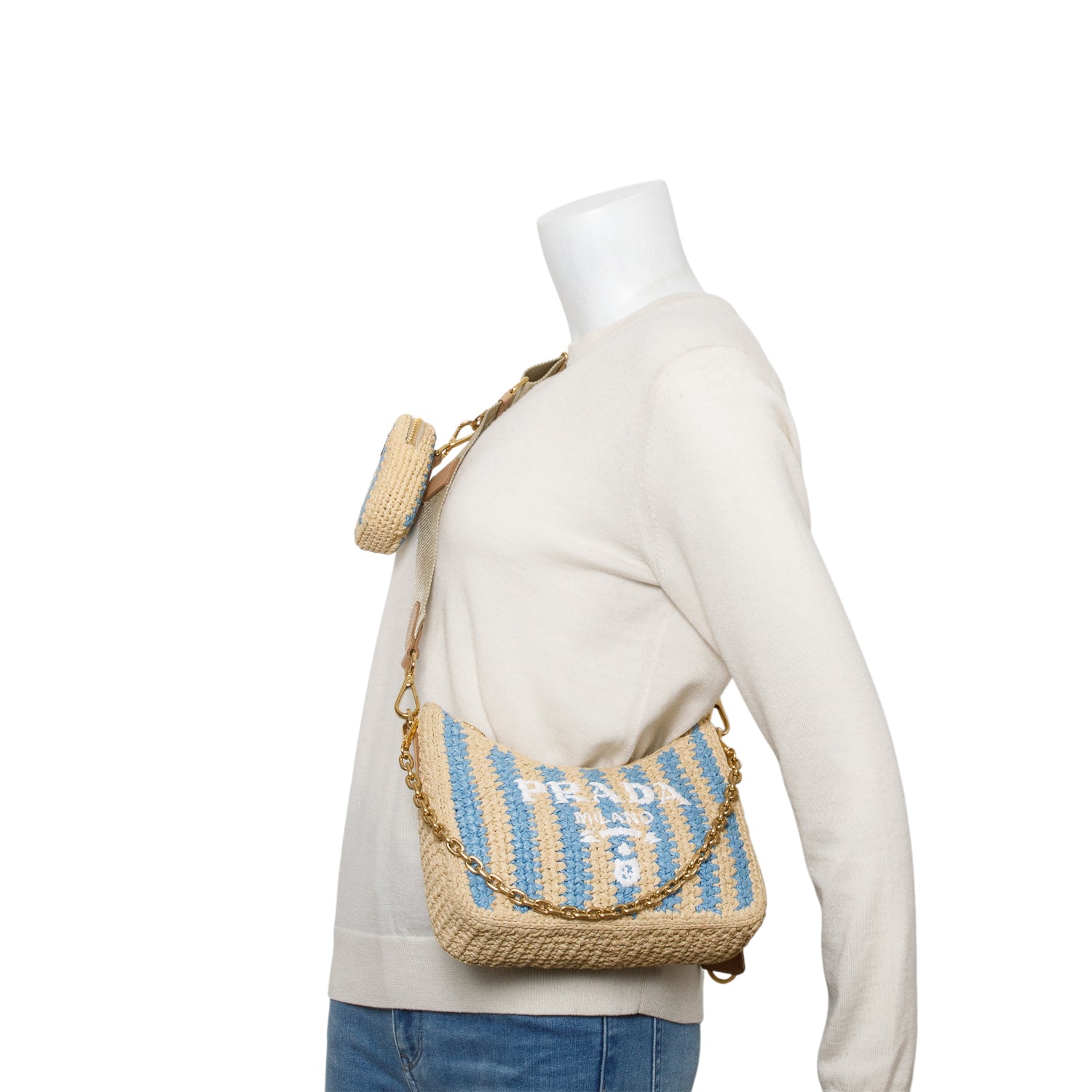 Prada Beige/Blue Raffia Re-Edition 2005 Shoulder Bag