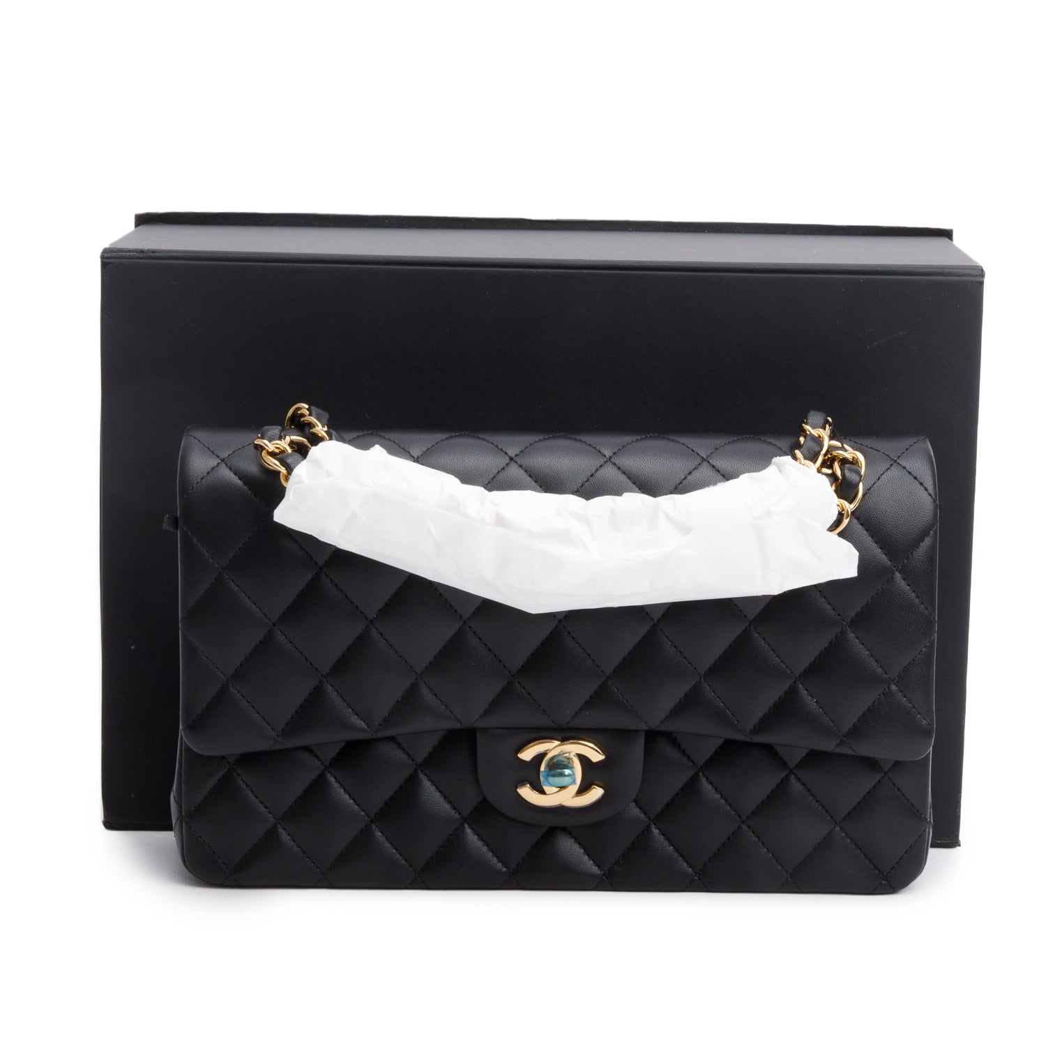 Chanel 2025 Black Quilted Lambskin Leather Classic Medium Double Flap Bag w/ Box