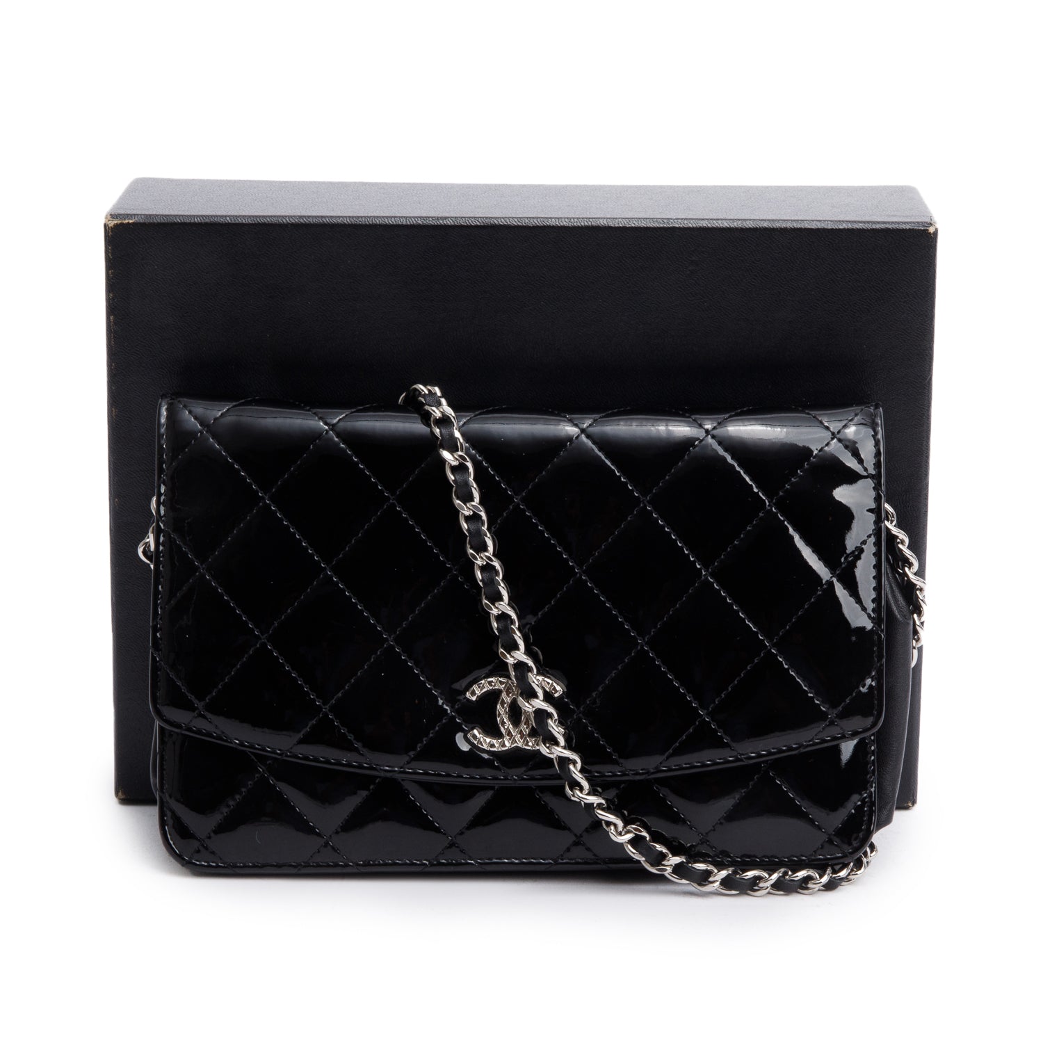 Chanel Black Quilted Patent Leather Classic Wallet on Chain w/ Box & Authenticity Card