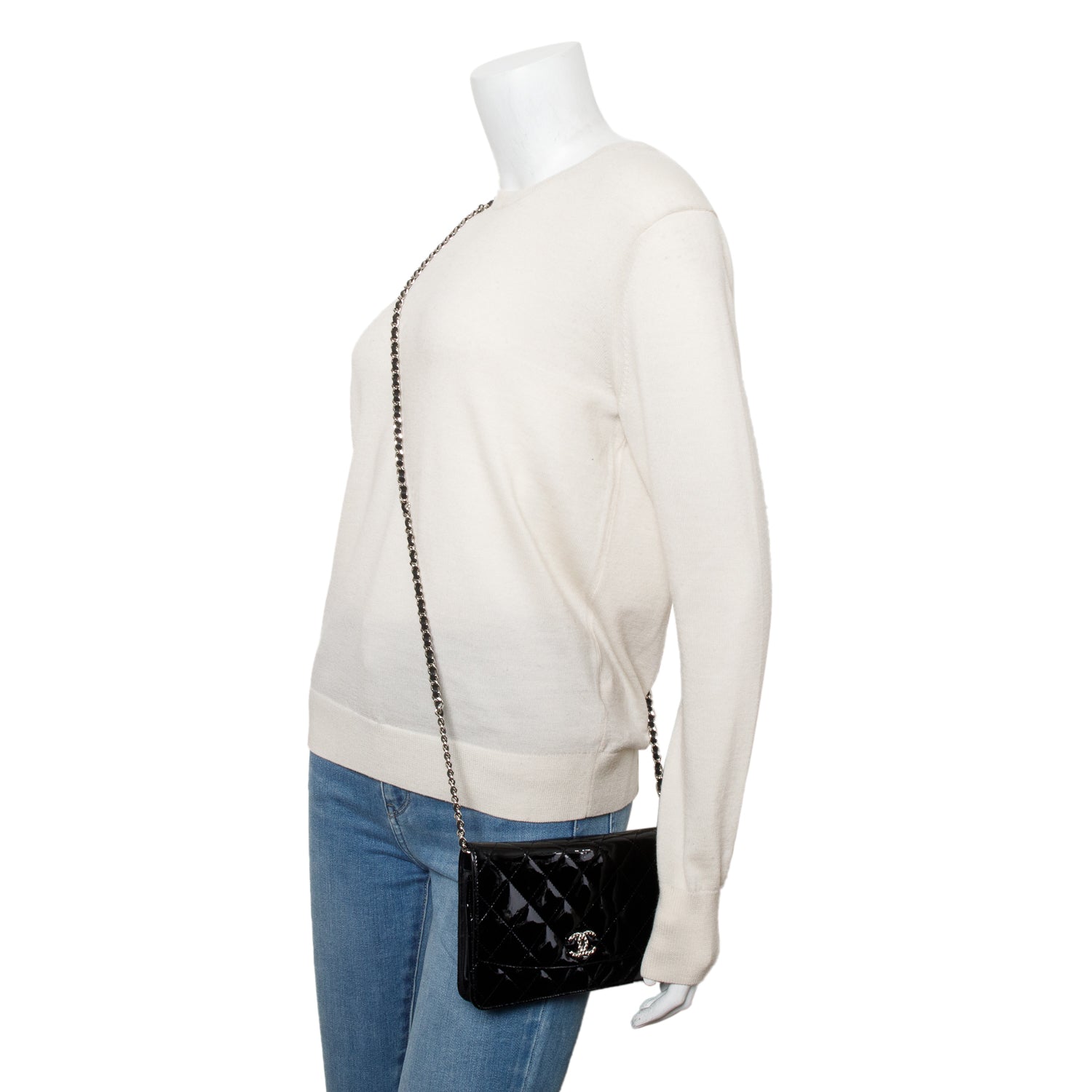 Chanel Black Quilted Patent Leather Classic Wallet on Chain w/ Box & Authenticity Card