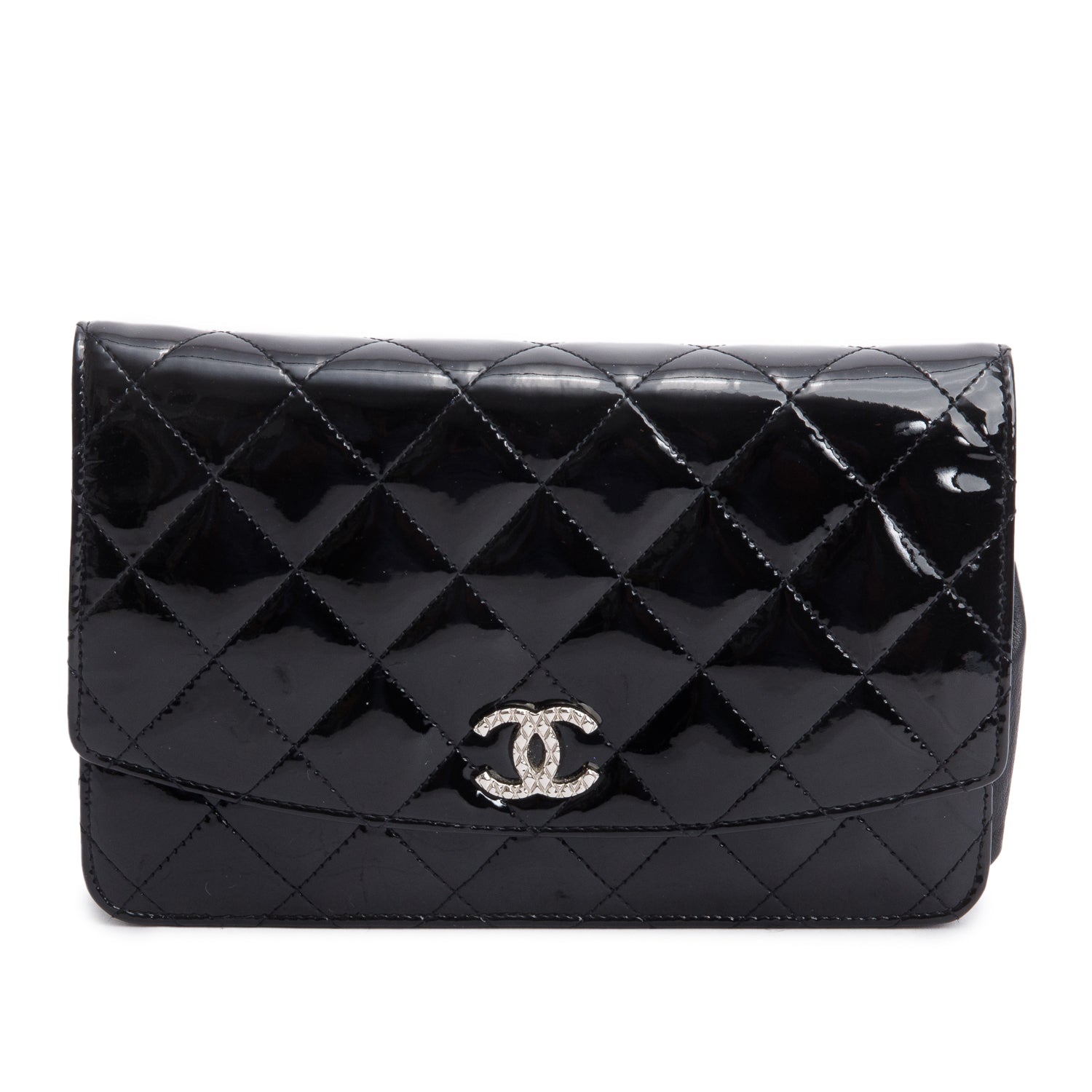 Chanel Black Quilted Patent Leather Classic Wallet on Chain w/ Box & Authenticity Card