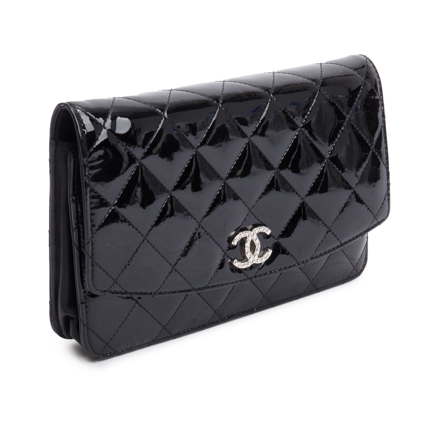 Chanel Black Quilted Patent Leather Classic Wallet on Chain w/ Box & Authenticity Card