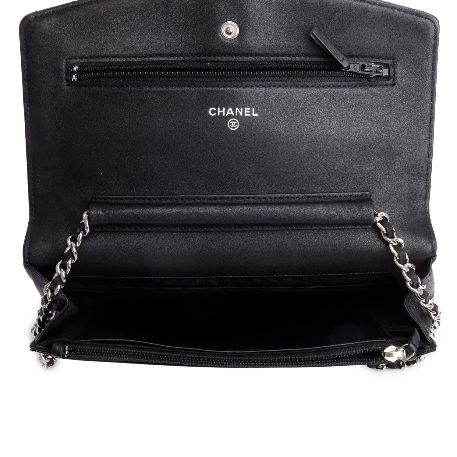 Chanel Black Quilted Patent Leather Classic Wallet on Chain w/ Box & Authenticity Card