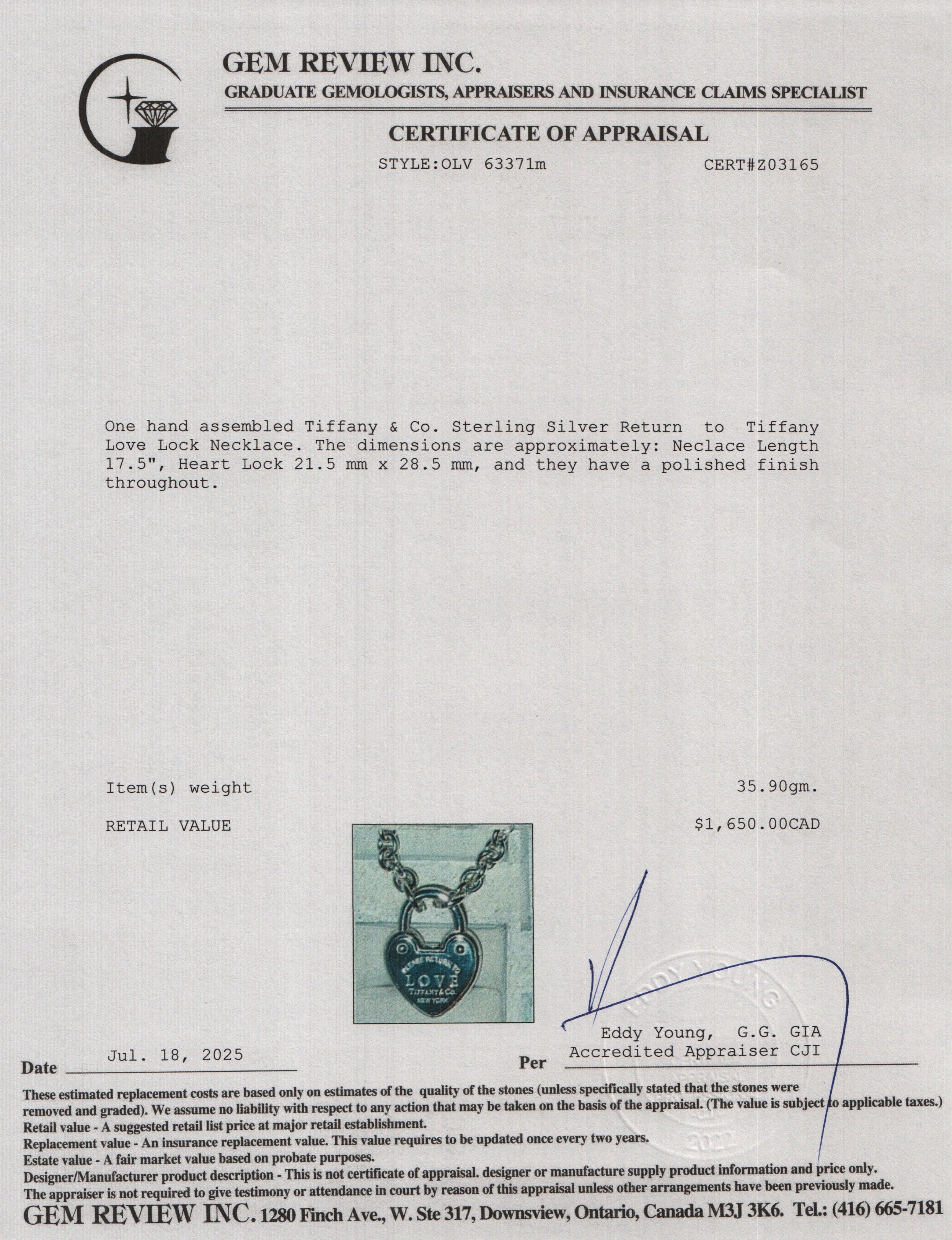 Tiffany & Co. Sterling Silver Return to Tiffany Love Lock Necklace