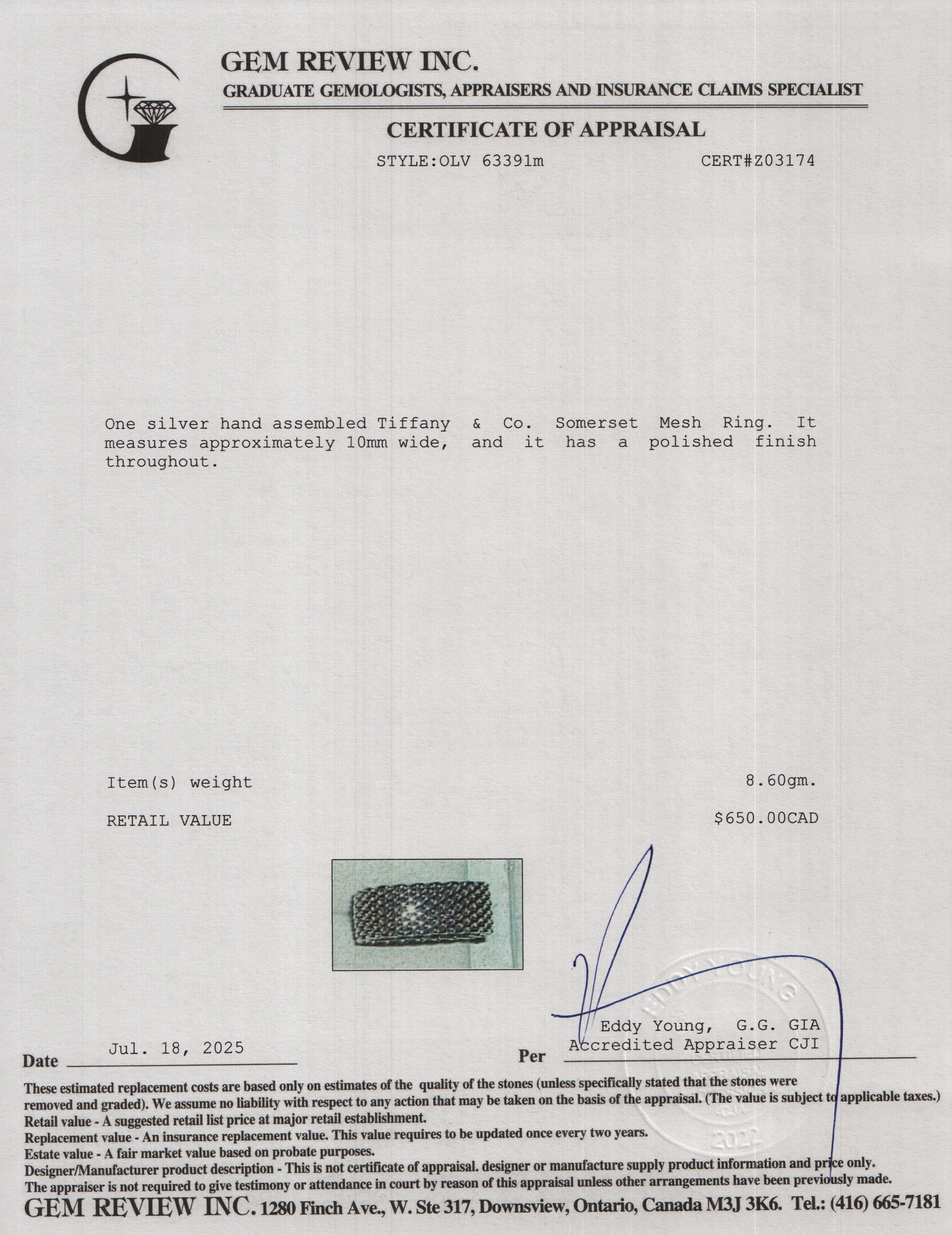 Tiffany & Co. Sterling Silver Somerset Mesh Ring, Size 6.5