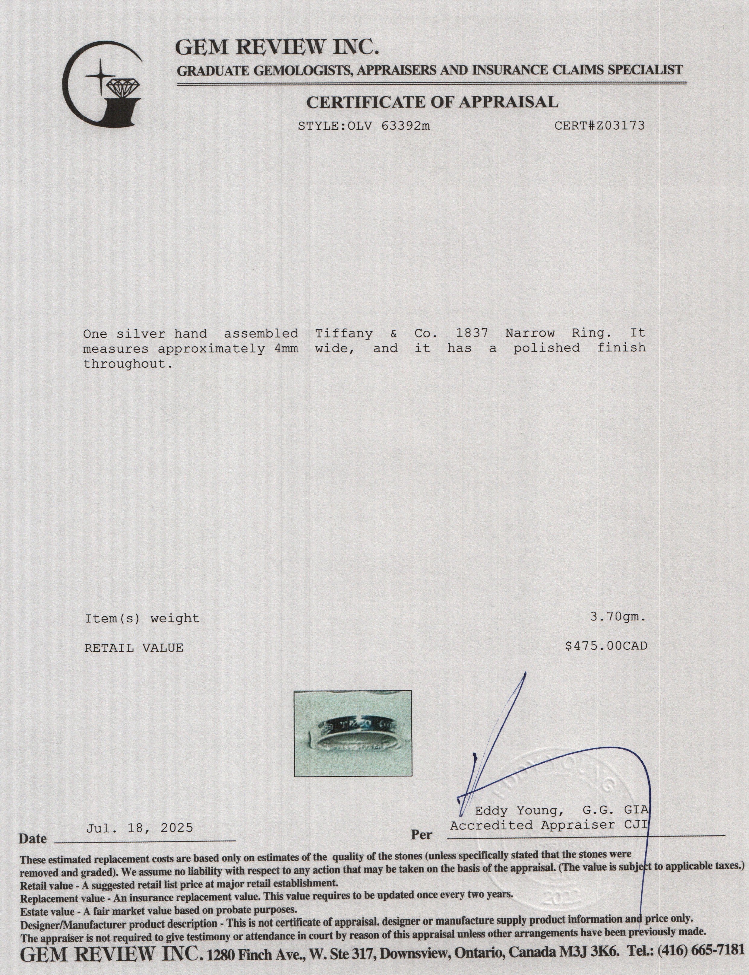 Tiffany & Co. Sterling Silver 1837 Narrow Ring, Size 4