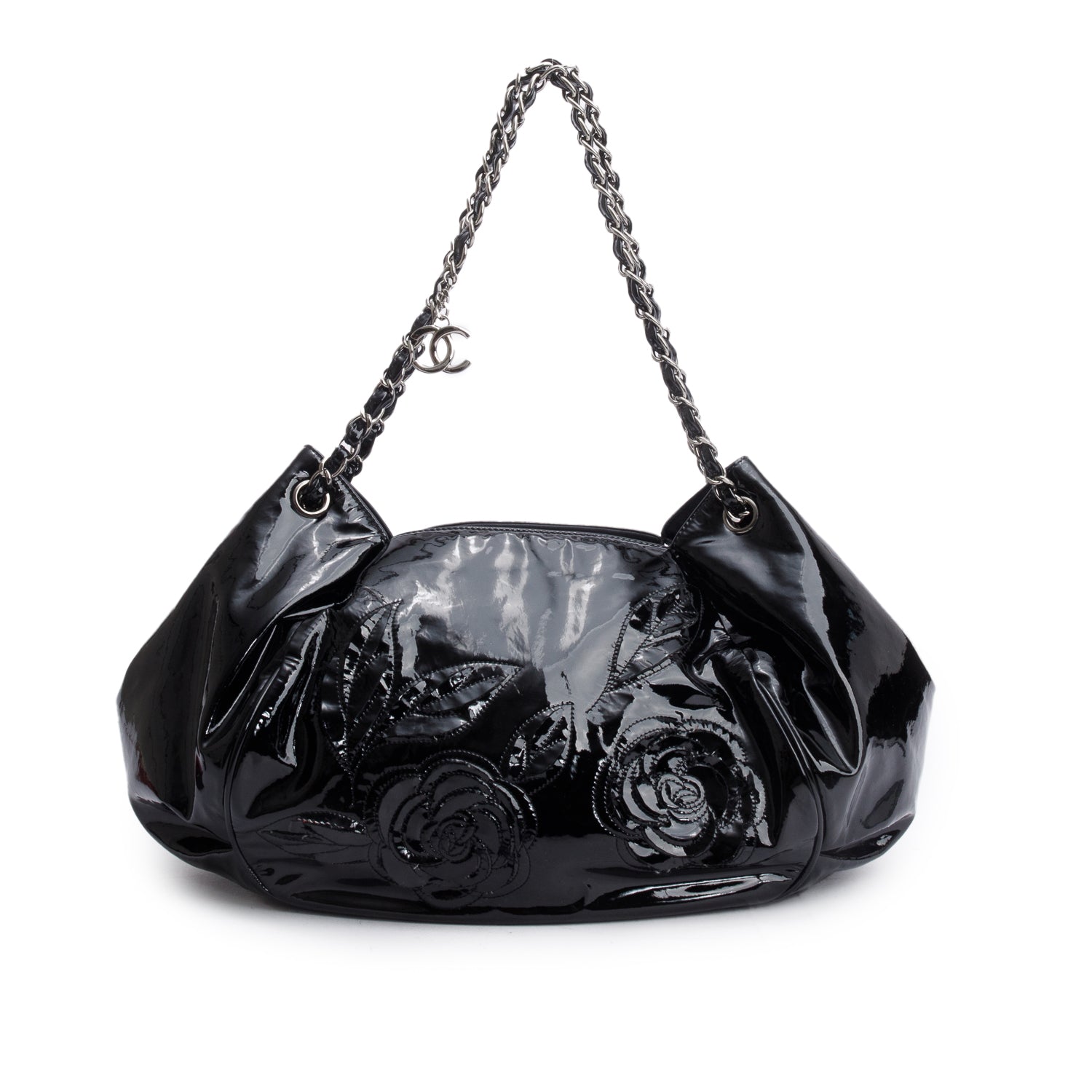 Chanel Black Patent Leather Tweed Petals Accordion Tote w/ Authenticity Card