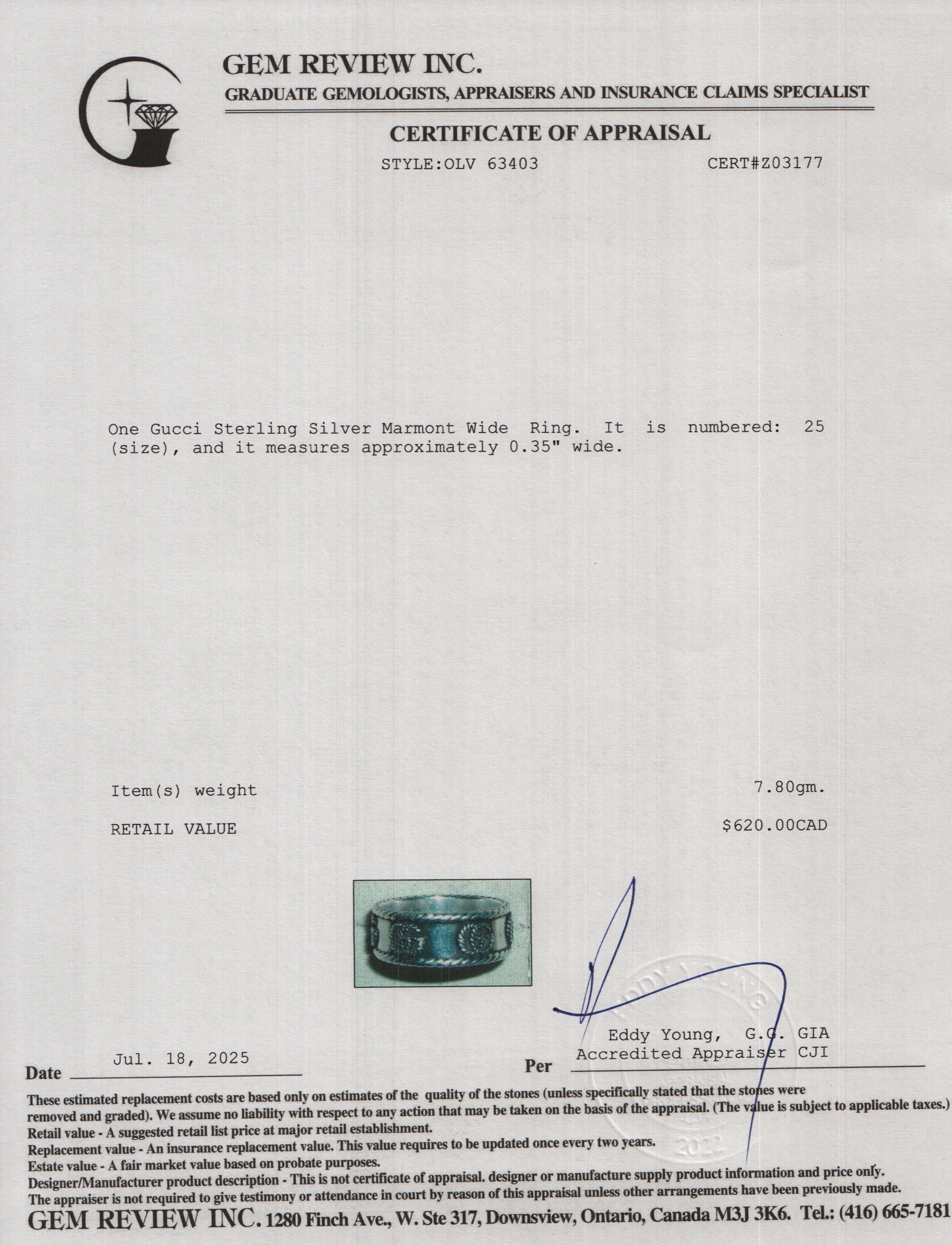 Gucci Sterling Silver Marmont Wide Ring, Size 25 11.0 w/ Box