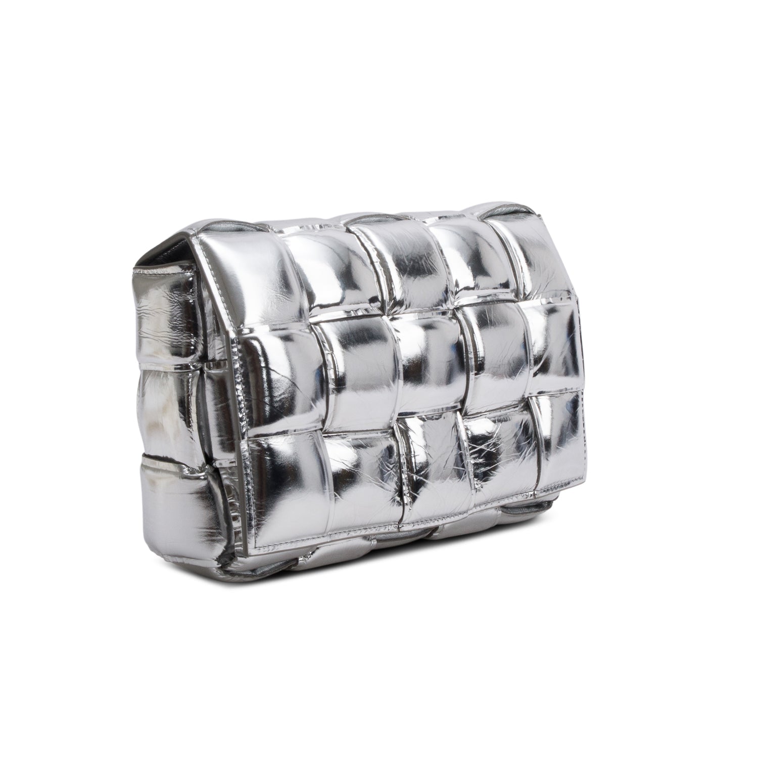 Bottega Veneta Silver Metallic Nappa Intrecciato Padded Chain Cassette Bag
