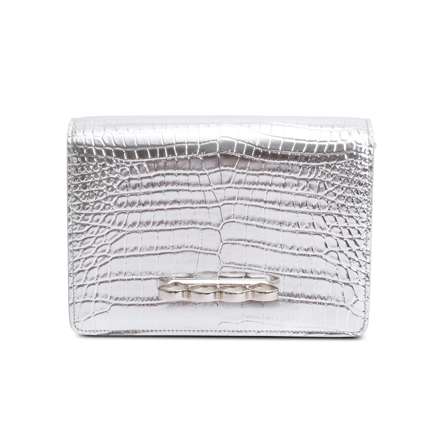 Alexander McQueen Silver Metallic Croc Embossed Four Ring Crossbody Bag