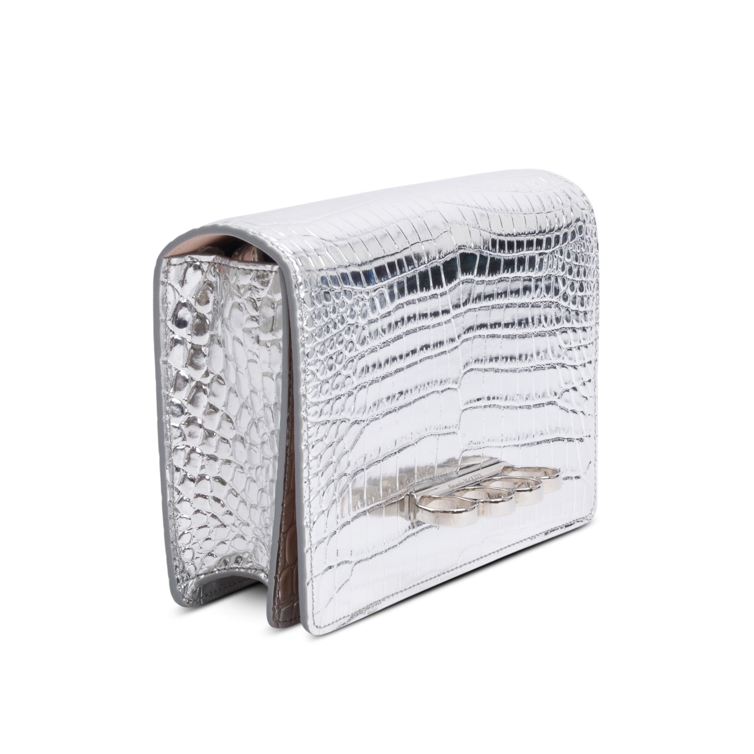 Alexander McQueen Silver Metallic Croc Embossed Four Ring Crossbody Bag