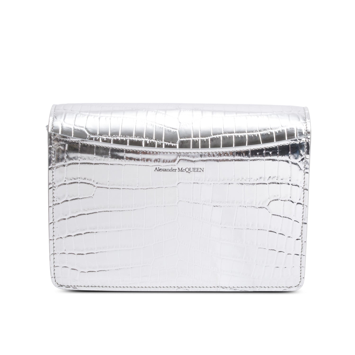 Alexander McQueen Silver Metallic Croc Embossed Four Ring Crossbody Bag