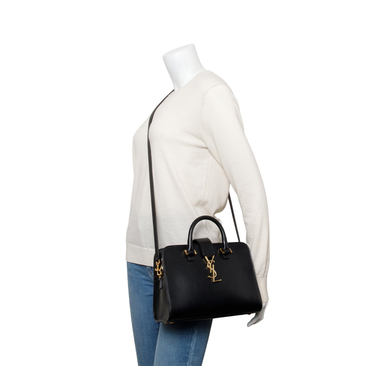 Saint Laurent Black Calfskin Leather Baby Cabas Tote Bag w/ Strap