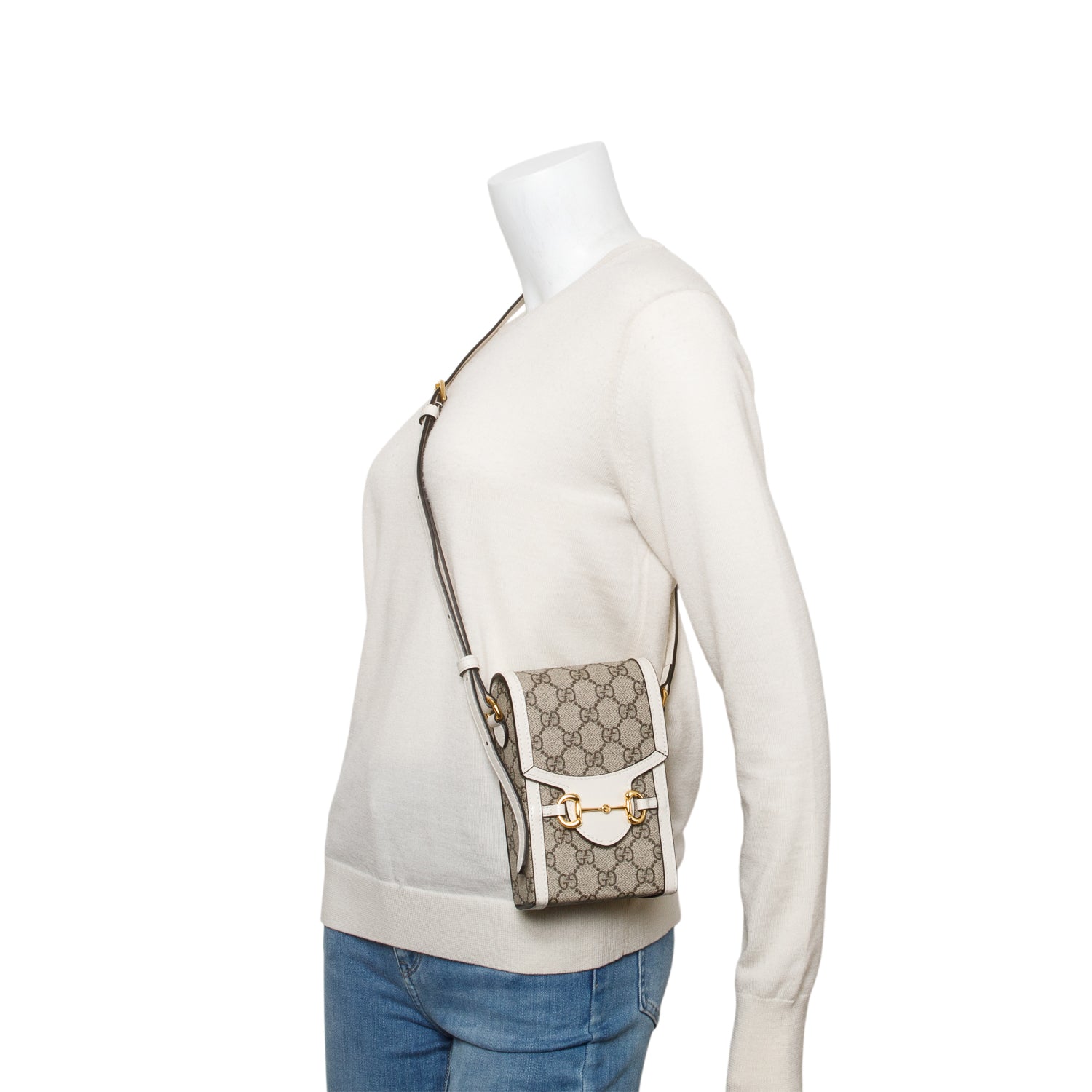 Gucci GG Supreme White Leather Trim Mini Horsebit 1955 Crossbody Bag