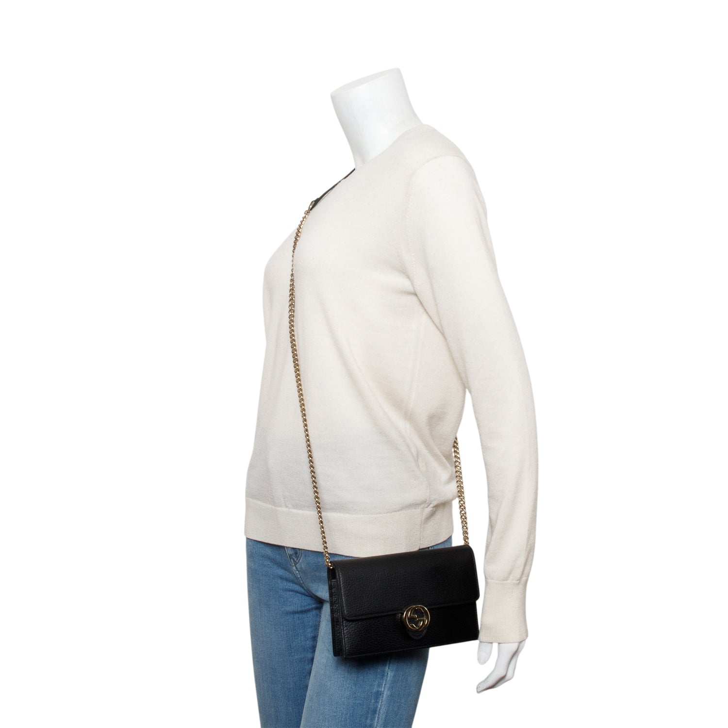 Gucci Black Dollar Calfskin Leather Interlocking GG Wallet on Chain