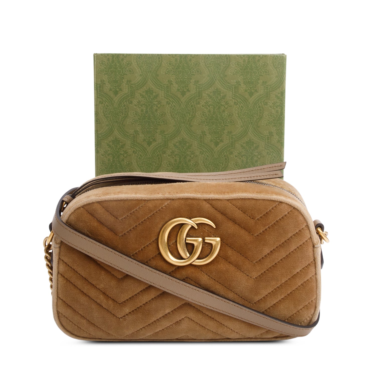 Gucci Brown Velvet Matelasse GG Marmont Small Shoulder Bag w/ Box