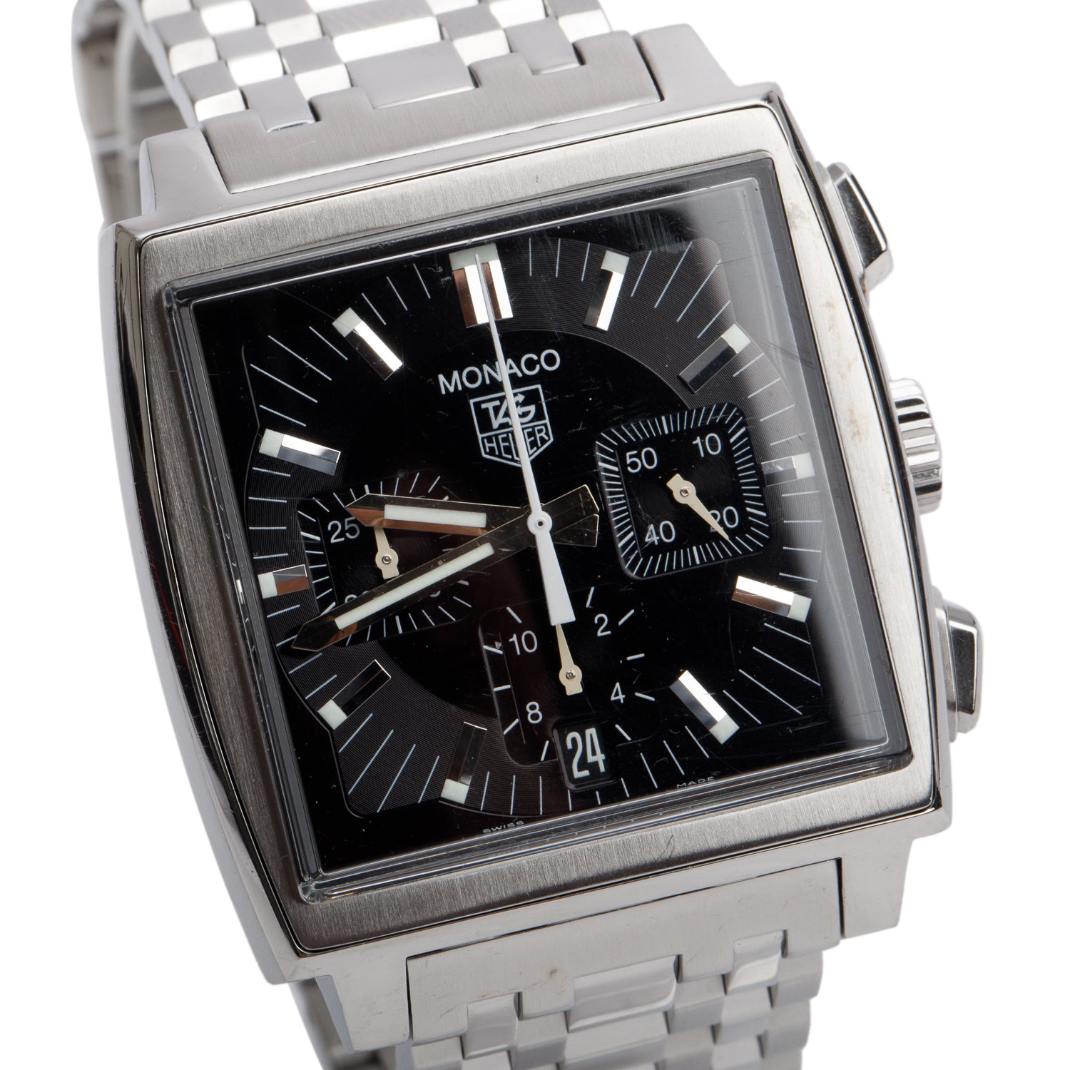 Tag Heuer Stainless Steel Monaco 38 MM Automatic Watch Black Dial CW2111-0 w/ Box