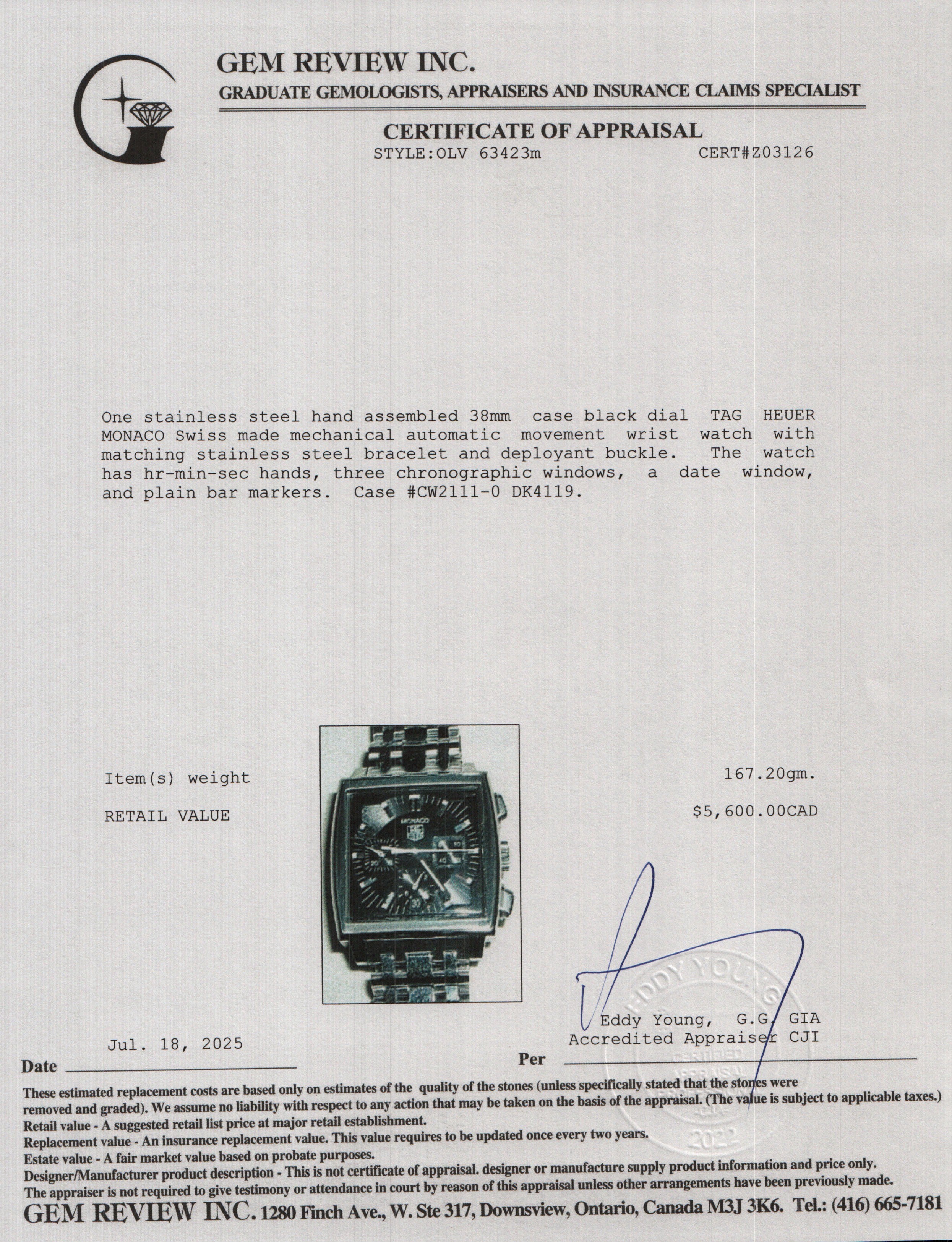 Tag Heuer Stainless Steel Monaco 38 MM Automatic Watch Black Dial CW2111-0 w/ Box