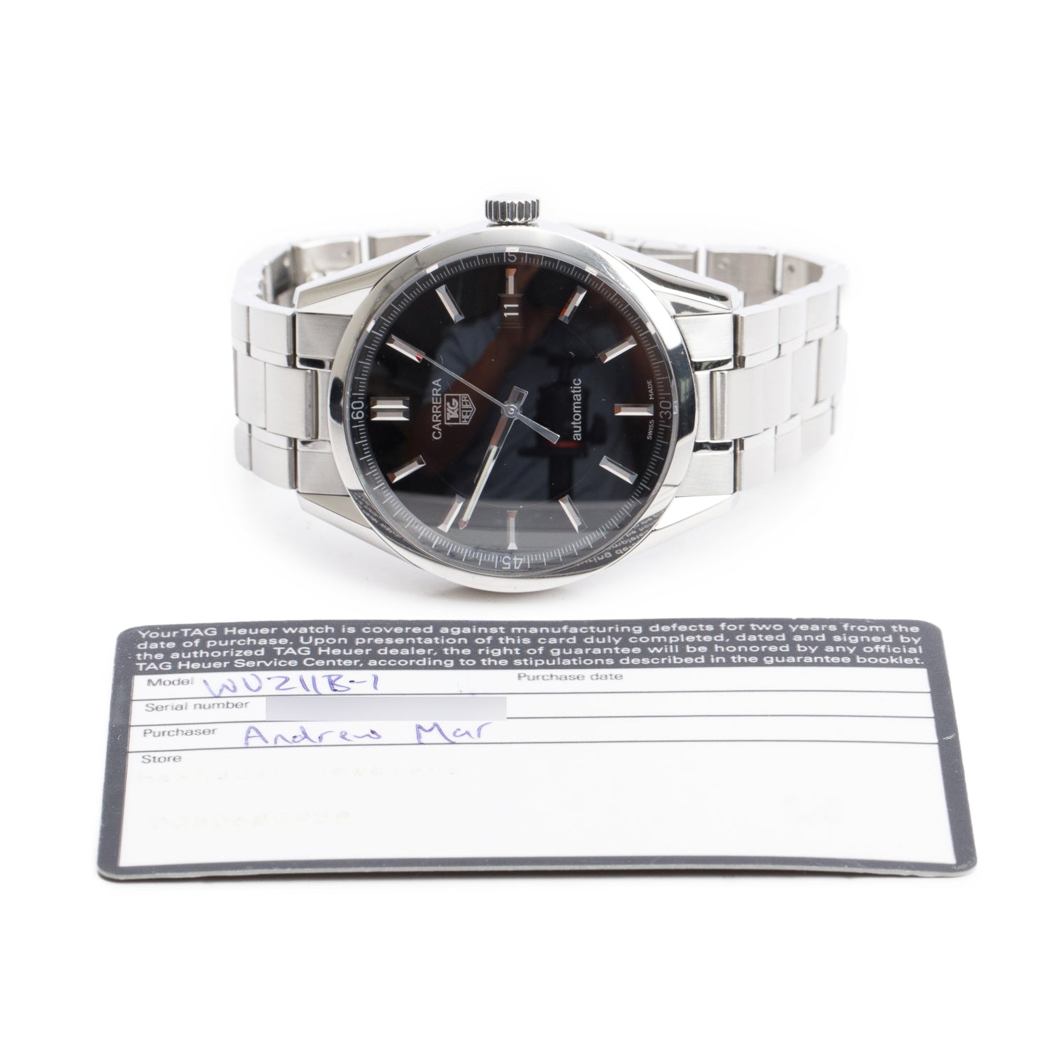 Tag Heuer Stainless Steel Carrera Calibre 5 39 MM Automatic Watch Black Dial WV211B w/ Papers