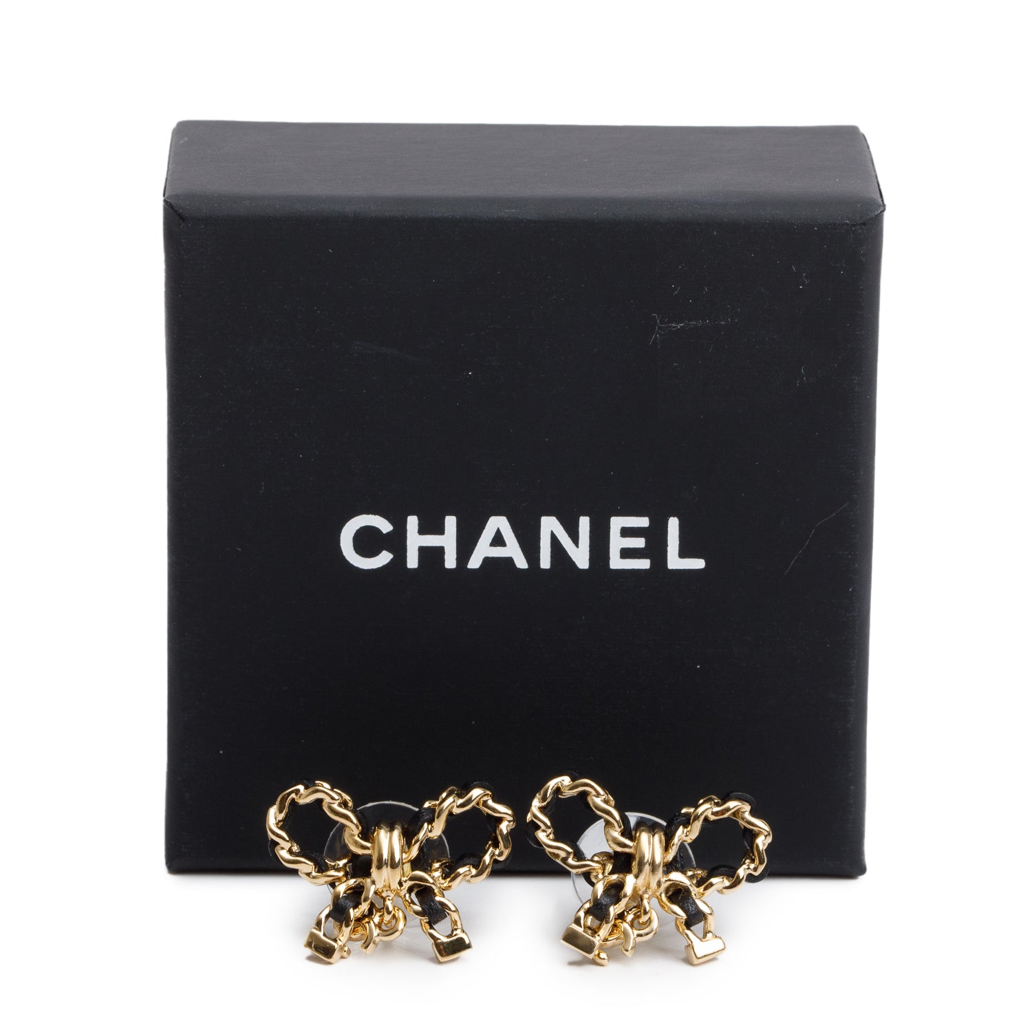 Chanel 2024 Gold Plated & Black Lambskin Leather Bow Stud Earrings w/ Box