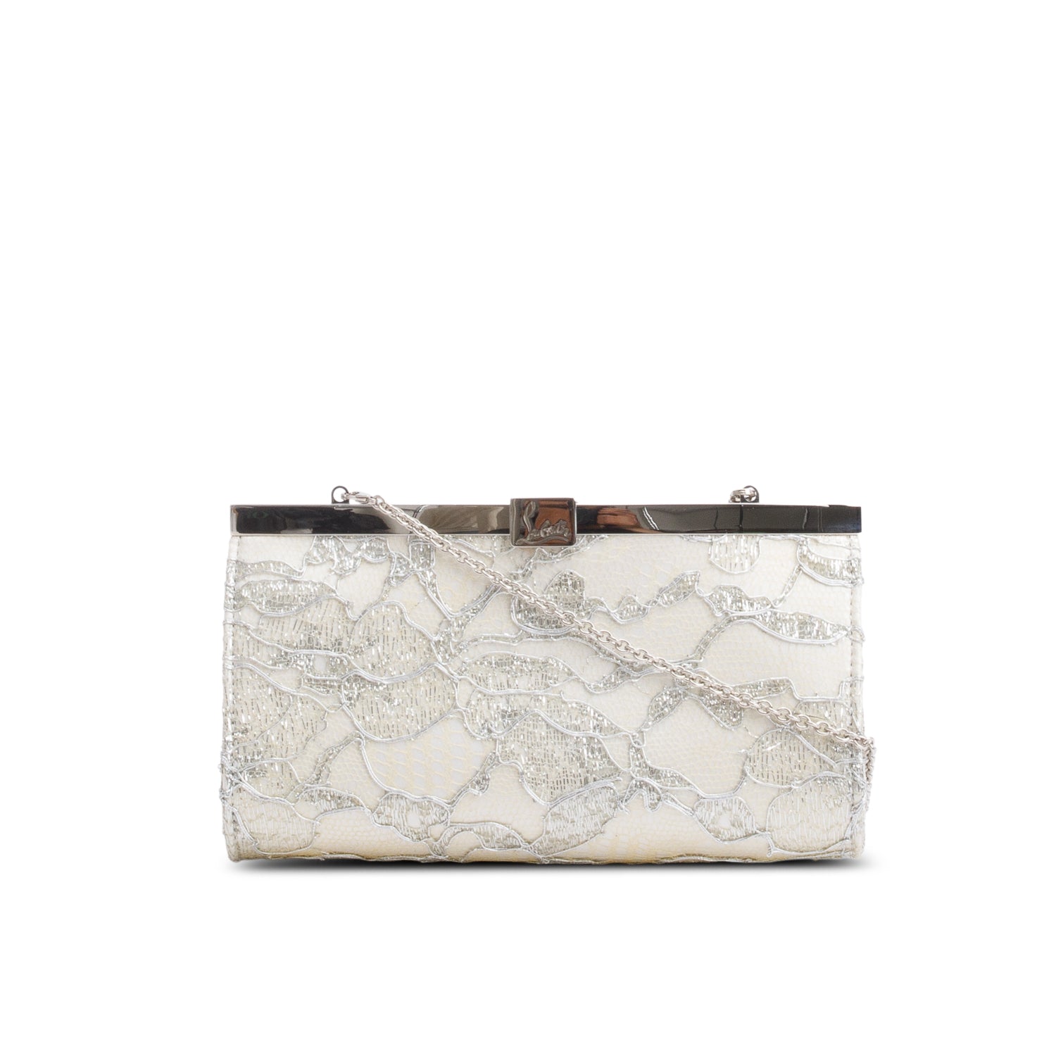 Christian Louboutin White Satin Silver Lace Pattern Dentella Palmette Chain Clutch