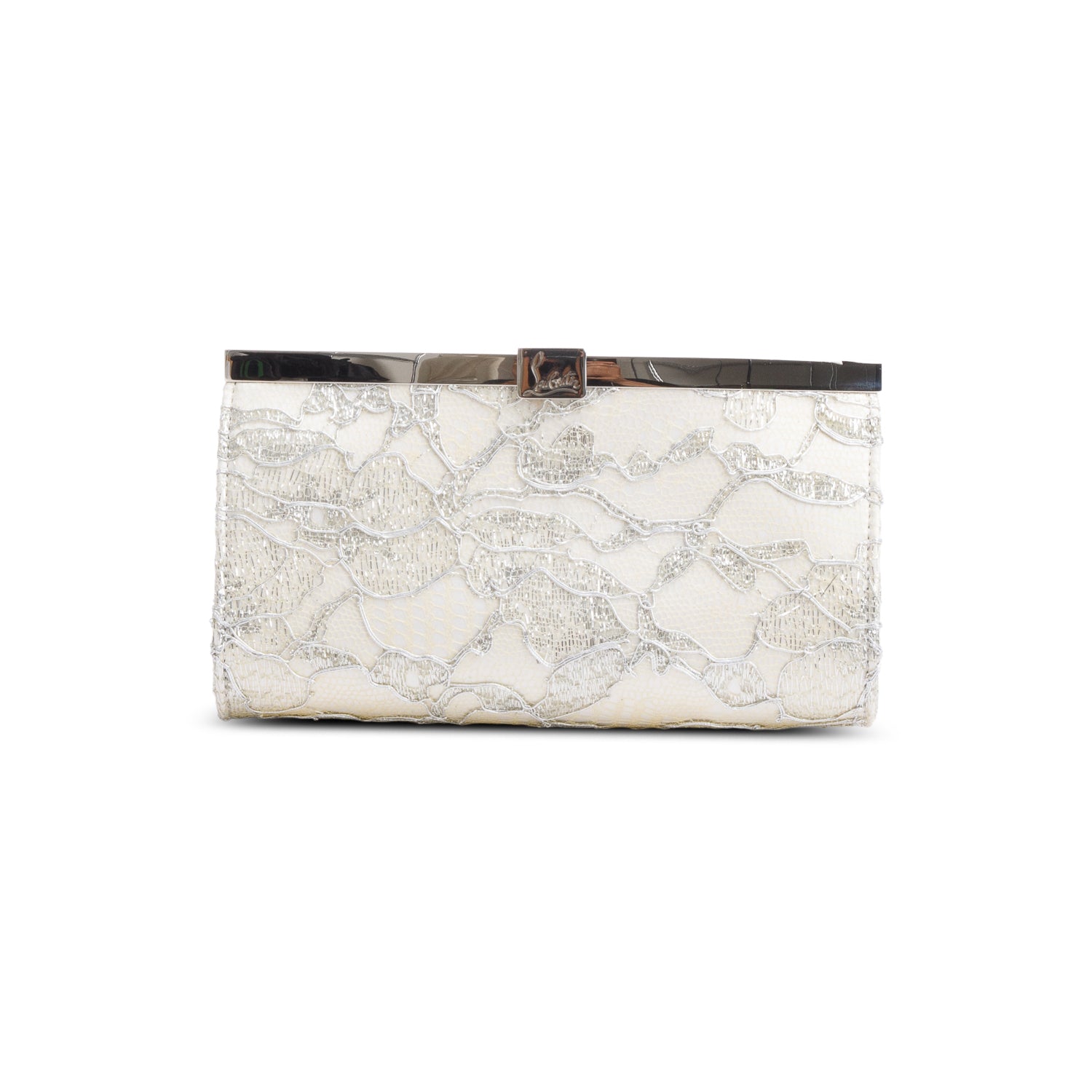 Christian Louboutin White Satin Silver Lace Pattern Dentella Palmette Chain Clutch