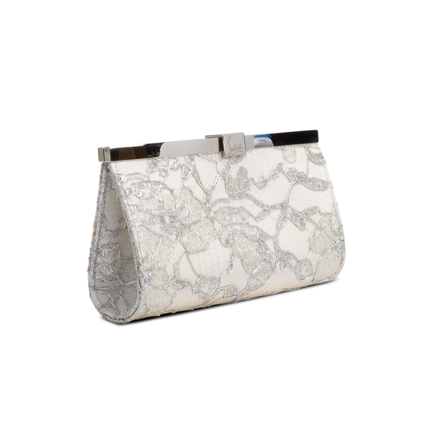 Christian Louboutin White Satin Silver Lace Pattern Dentella Palmette Chain Clutch