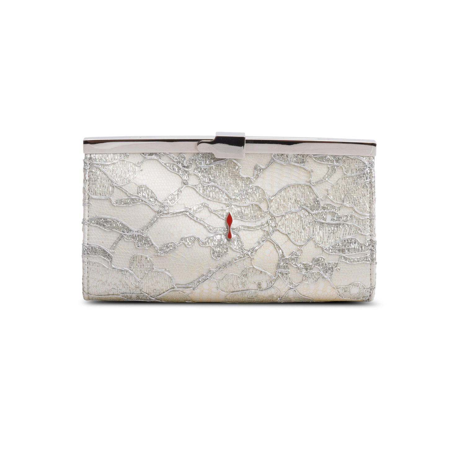 Christian Louboutin White Satin Silver Lace Pattern Dentella Palmette Chain Clutch