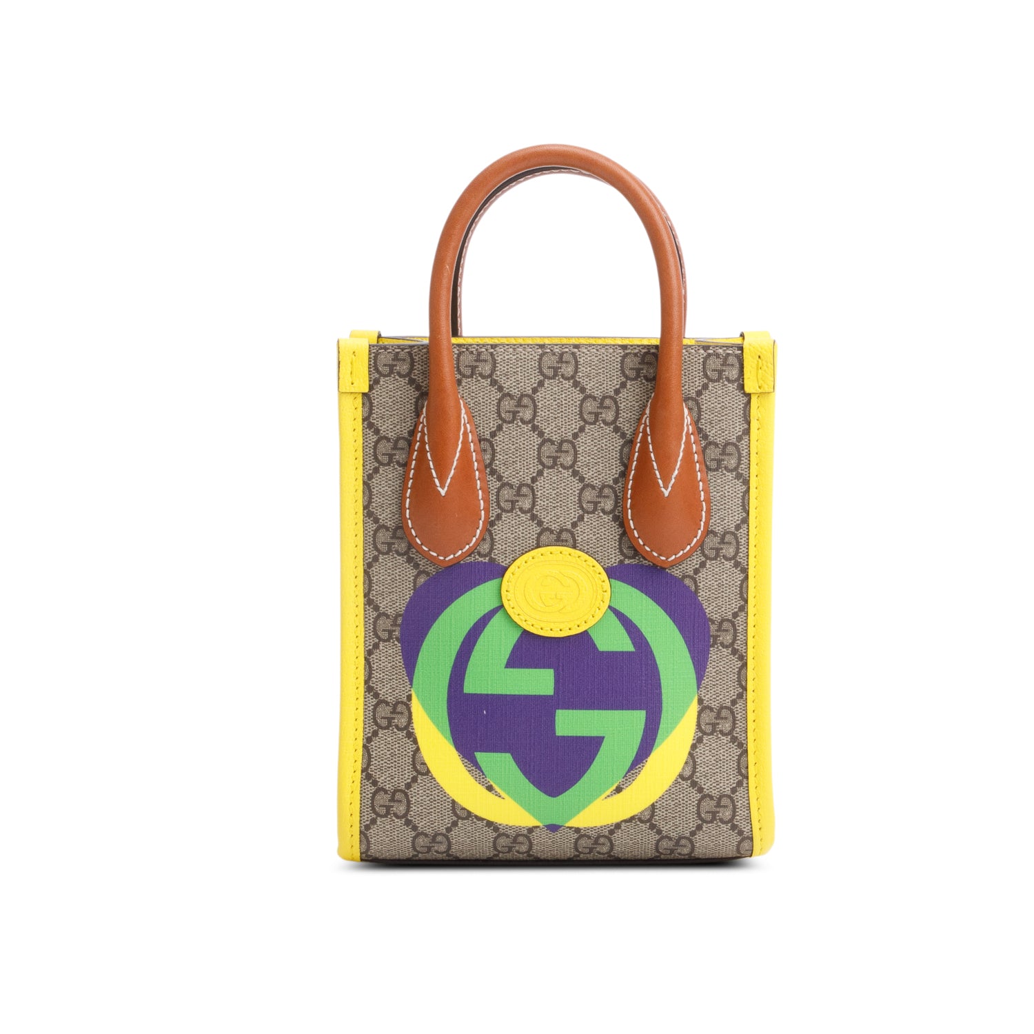 Gucci GG Supreme Yellow Leather Trim Heart Interlocking G Mini Tote w/ Strap