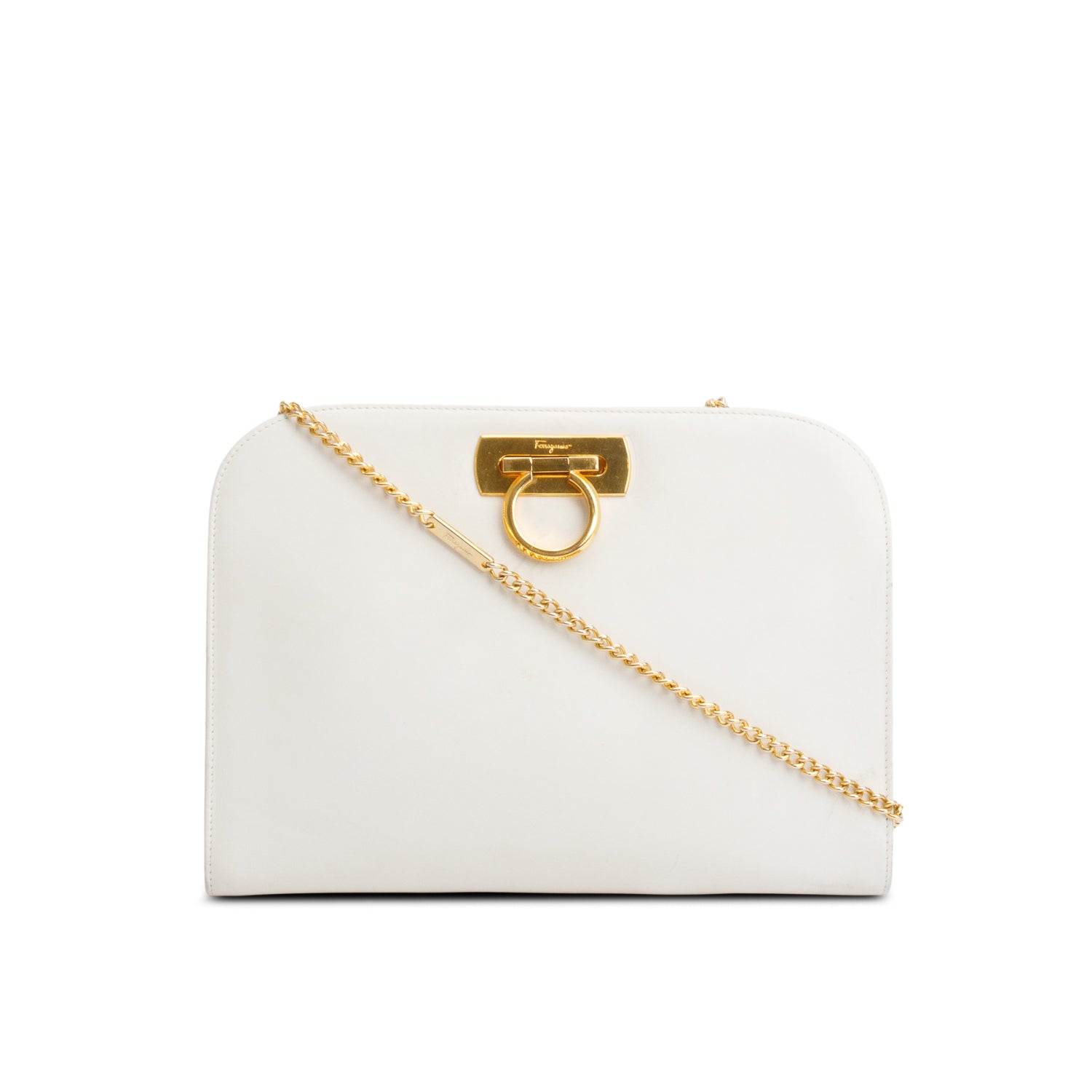 Ferragamo White Leather Gancini Chain Crossbody