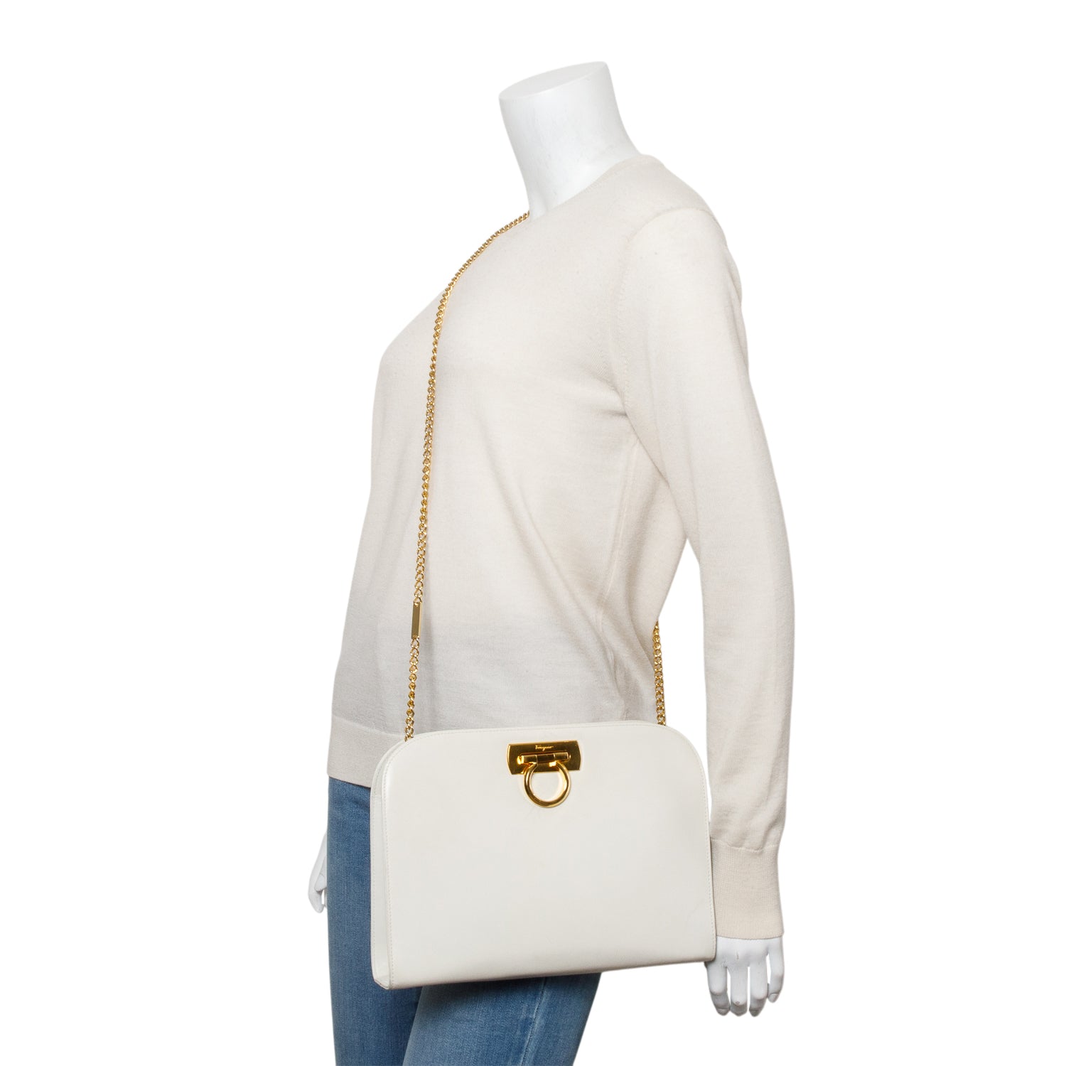 Ferragamo White Leather Gancini Chain Crossbody