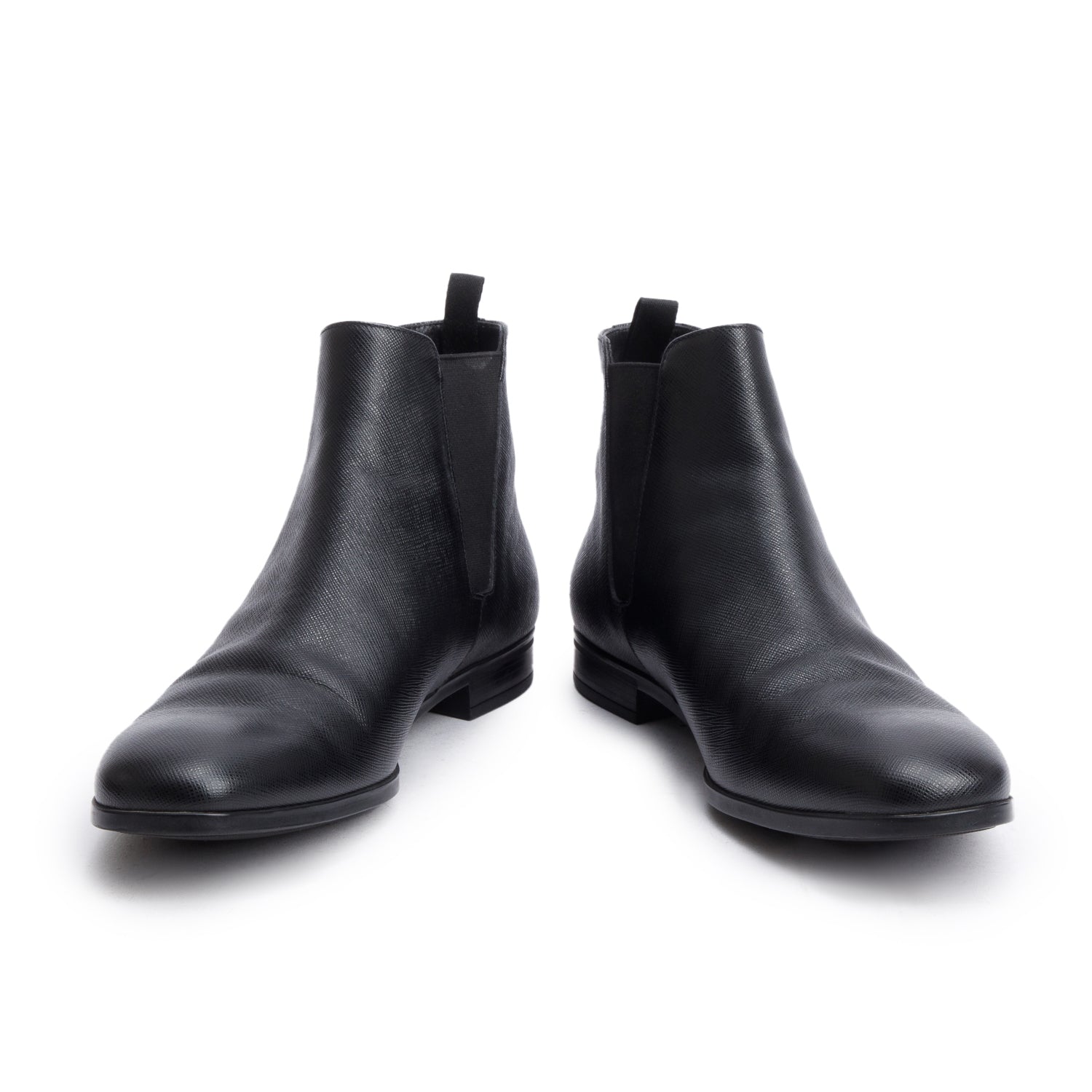 Prada Black Saffiano Leather Chelsea Ankle Boots, Men's Size 8.5 w/ Box