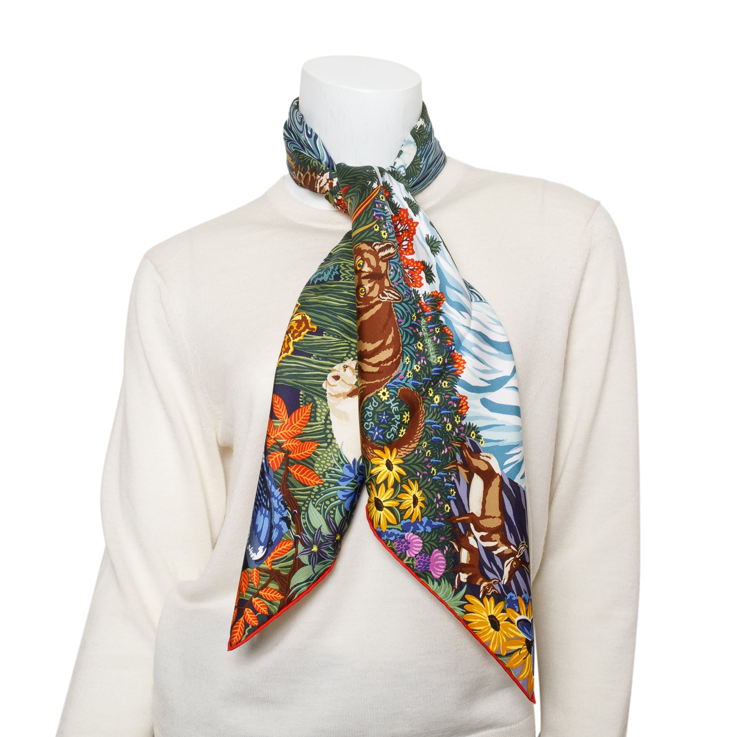 Hermes Green/Multicolor 'Into The Canadian Wild' Silk Scarf 90 w
