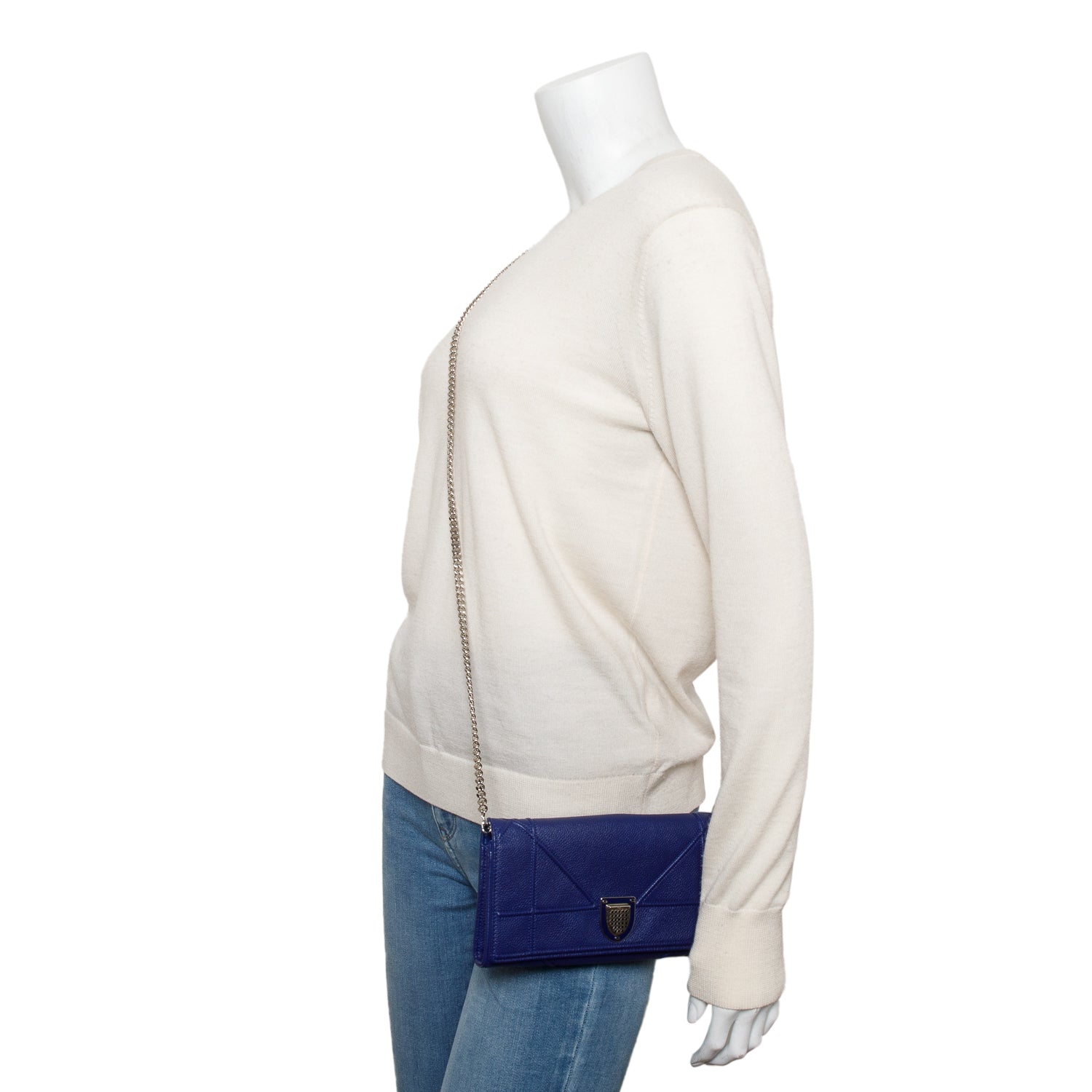 Christian Dior Blue Grained Calfskin Leather Diorama Croisiere Wallet on Chain w/ Box