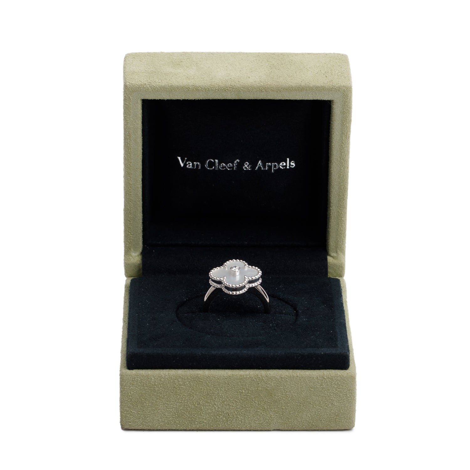 Van Cleef & Arpels 18k White Gold Vintage Alhambra Mother of Pearl & Diamond Ring, Size 49 5 w/ Box & Receipt